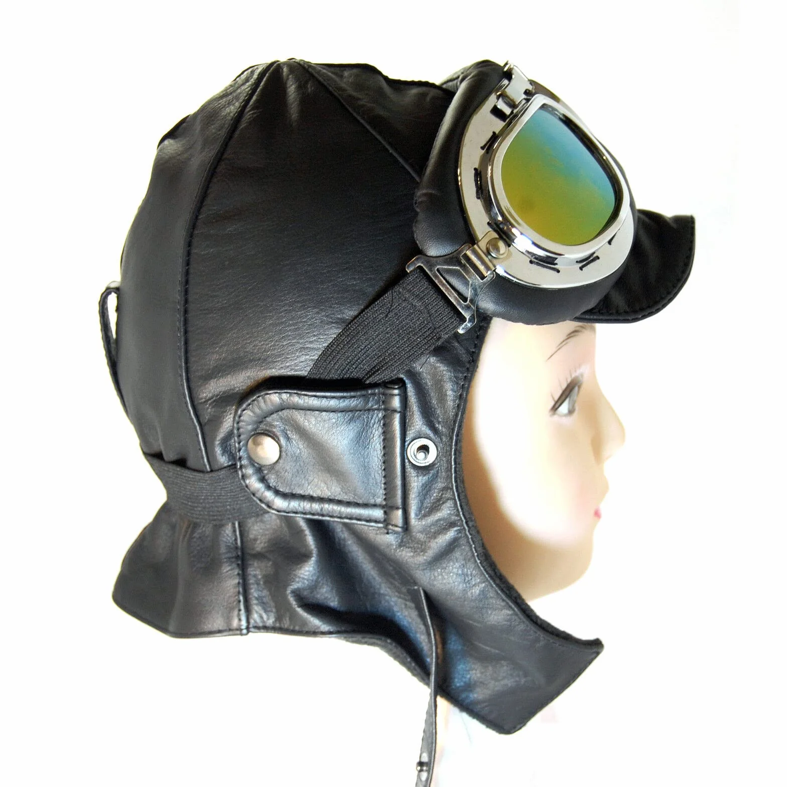 BLUETECH Cabriohaube Cabriom czapka lotnicza czapka oldtimerowa skóra czarna wraz z okularami panoramicznymi mężczyźni kobiety unisex