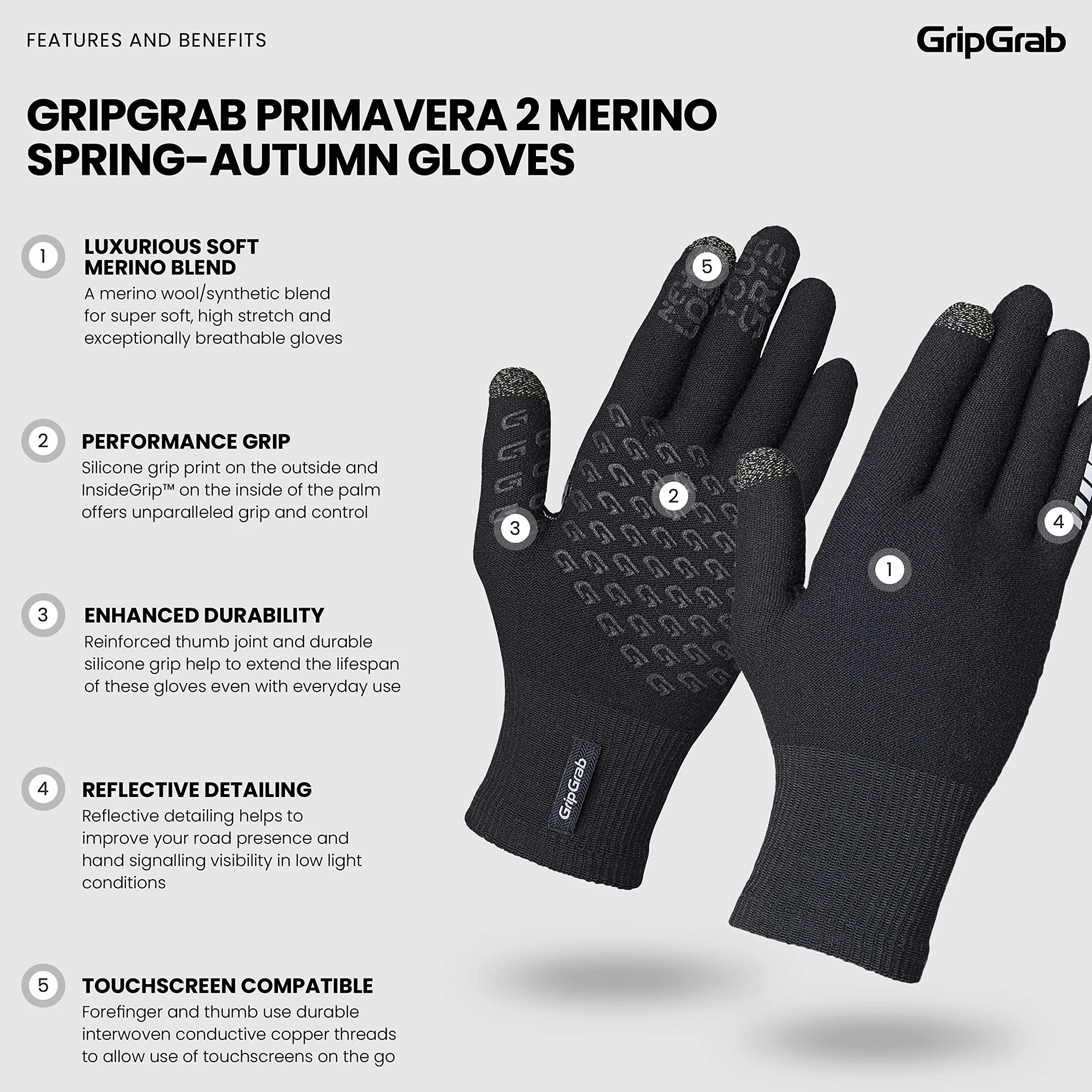 GripGrab Primavera 2 rękawice rowerowe z merynosów, termiczne, do obsługi ekranów dotykowych, na wiosnę, jesień, zimę, przejściowe
