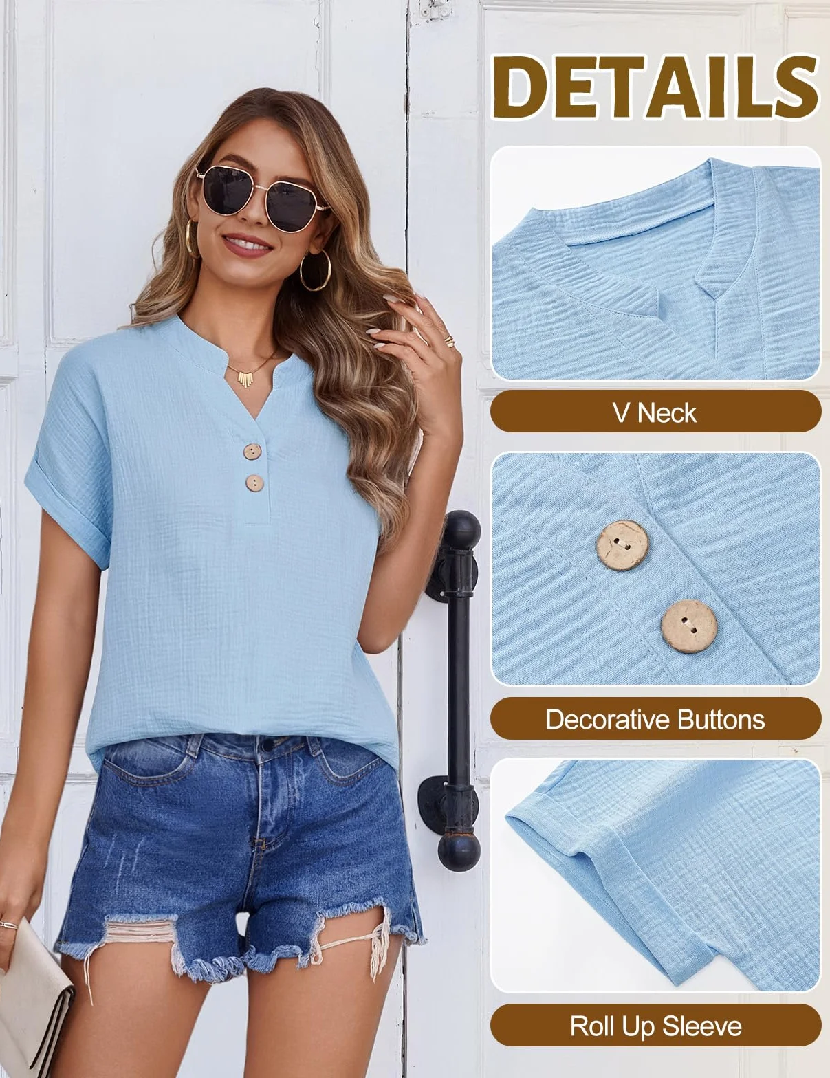 HEEKPEK Bluzka damska letnia muślinowa bluzka bawełniana z krótkim rękawem, elegancka bluzka koszulowa z dekoltem w serek, na guziki, koszulka basic, koszula, luźna tunika, top