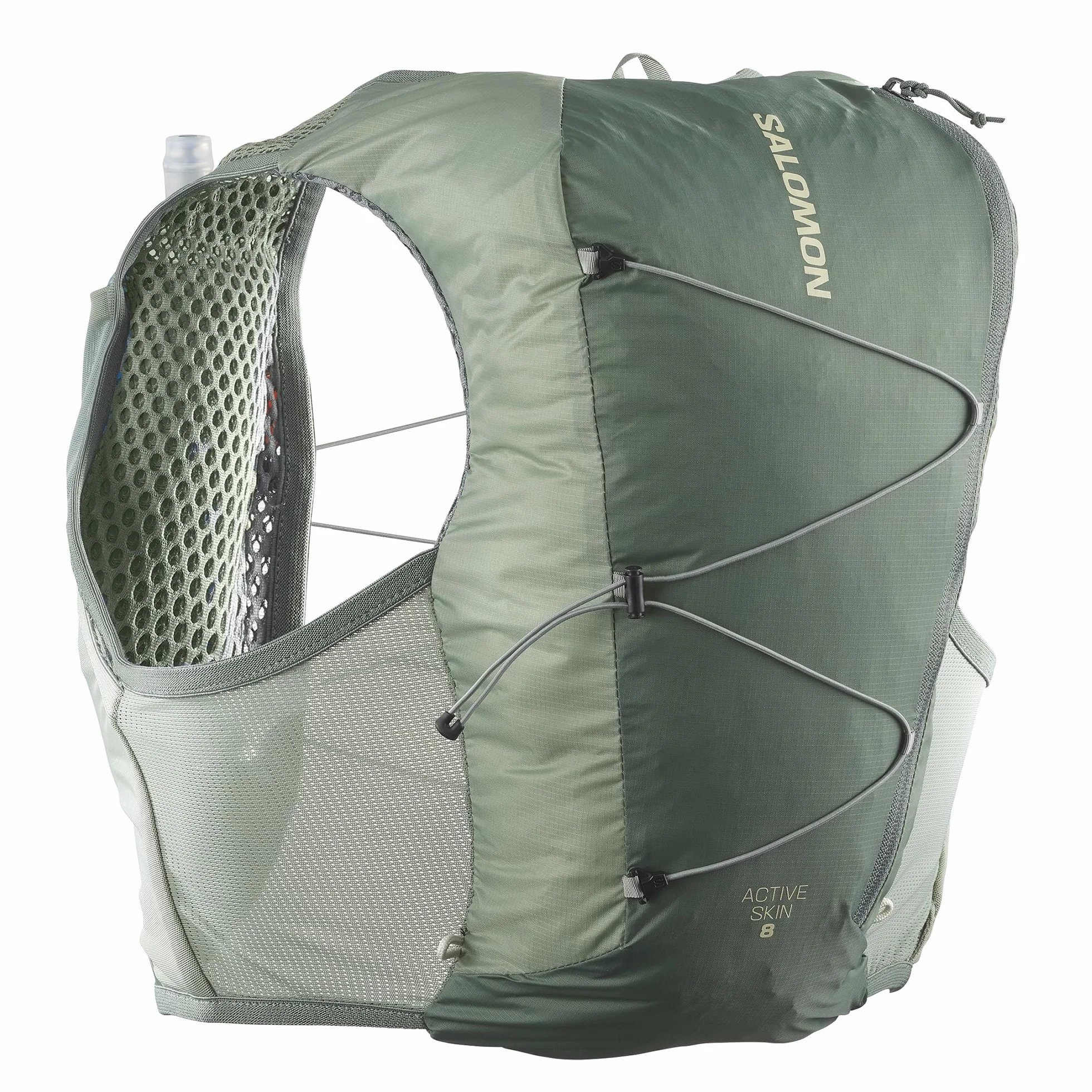 Salomon Active Skin 8 Unisex kamizelka nawadniająca do biegania szlak turystyczny z butelkami w zestawie, łatwe nawodnienie, precyzyjne dopasowanie 8 l i zoptymalizowane przechowywanie, zielona, L