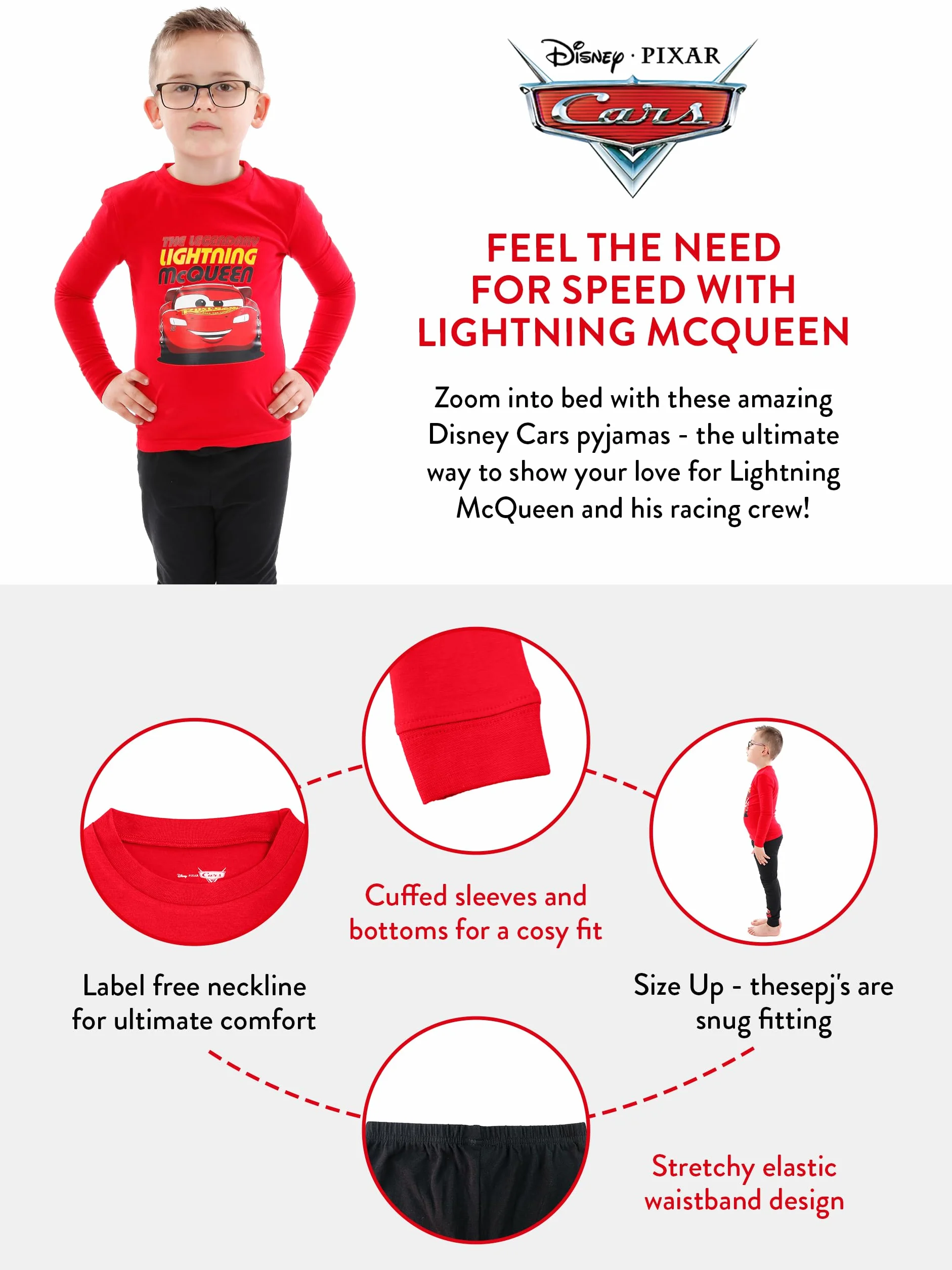 Disney Piżama samochodowa | Piżama dla dzieci Lightning Mcqueen | Snug Fitting Boys Pjs