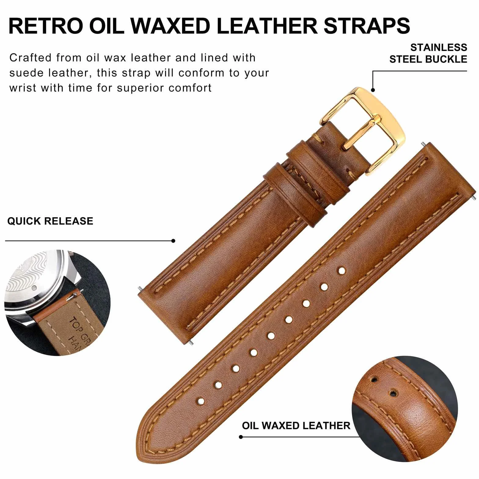 BISONSTRAP Pasek do zegarka dla mężczyzn w stylu retro, wykonany ze skóry cielęcej impregnowanej olejem, z szybkim zapięciem, szerokość paska 18, 19, 20, 22 mm