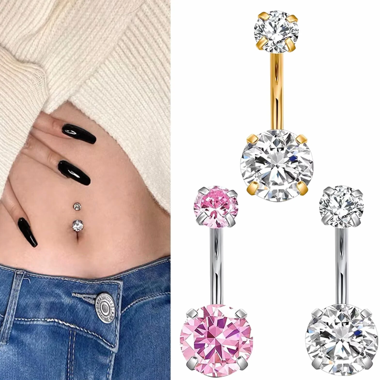 Kolczyk do pępka, 3 sztuki, zestaw kolczyków do pępka, banan, kolczyk do pępka z cyrkoniami, okrągły 8 mm + 5 mm, długość 10 mm, piercing do pępka, biżuteria do ciała - srebrny, złoty, różowy