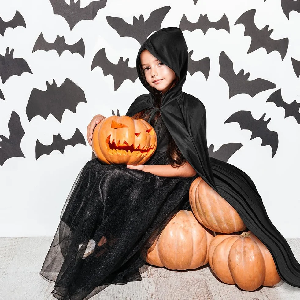 AOOWU Czarna peleryna z kapturem, długi kostium wampirów, peleryna Halloween na przebranie na karnawał, peleryna Halloween na karnawał przyjęcie urodzinowe