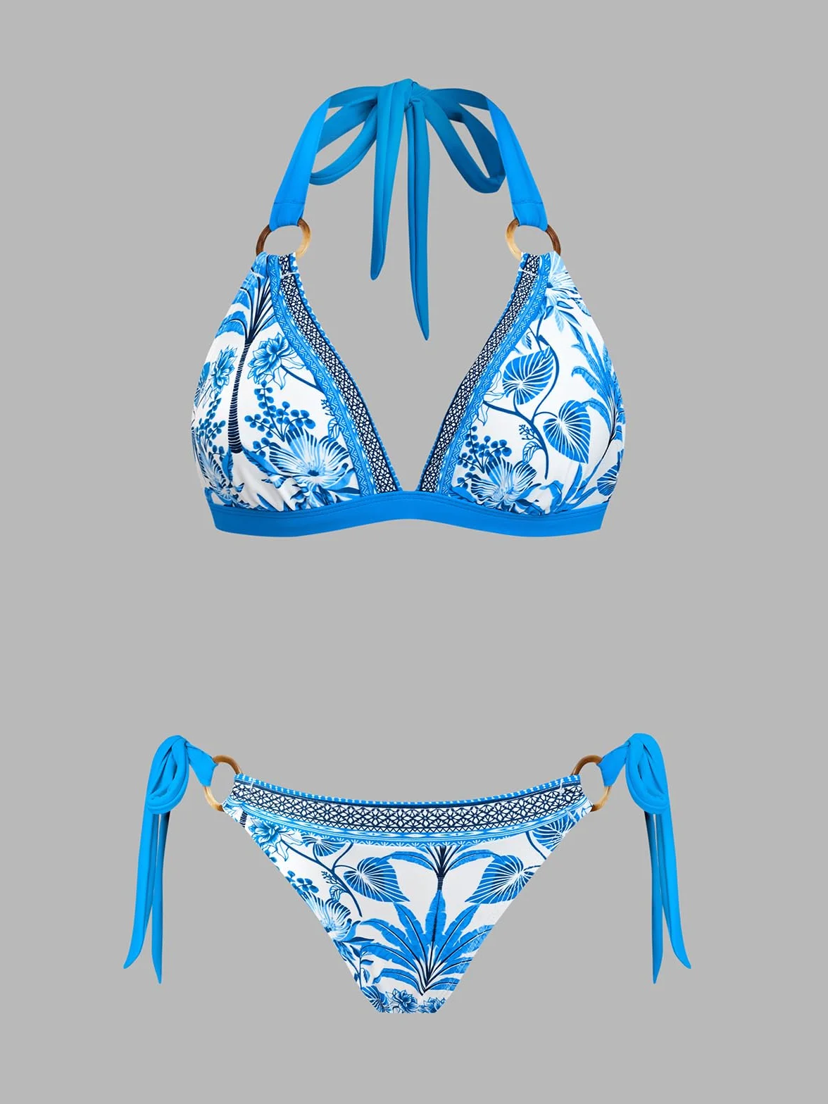 CUPSHE Damski zestaw bikini dwuczęściowy strój kąpielowy dekolt w serek trójkątny top kostium kąpielowy podwójny O-ring wiązany na szyi pasek z tyłu hak