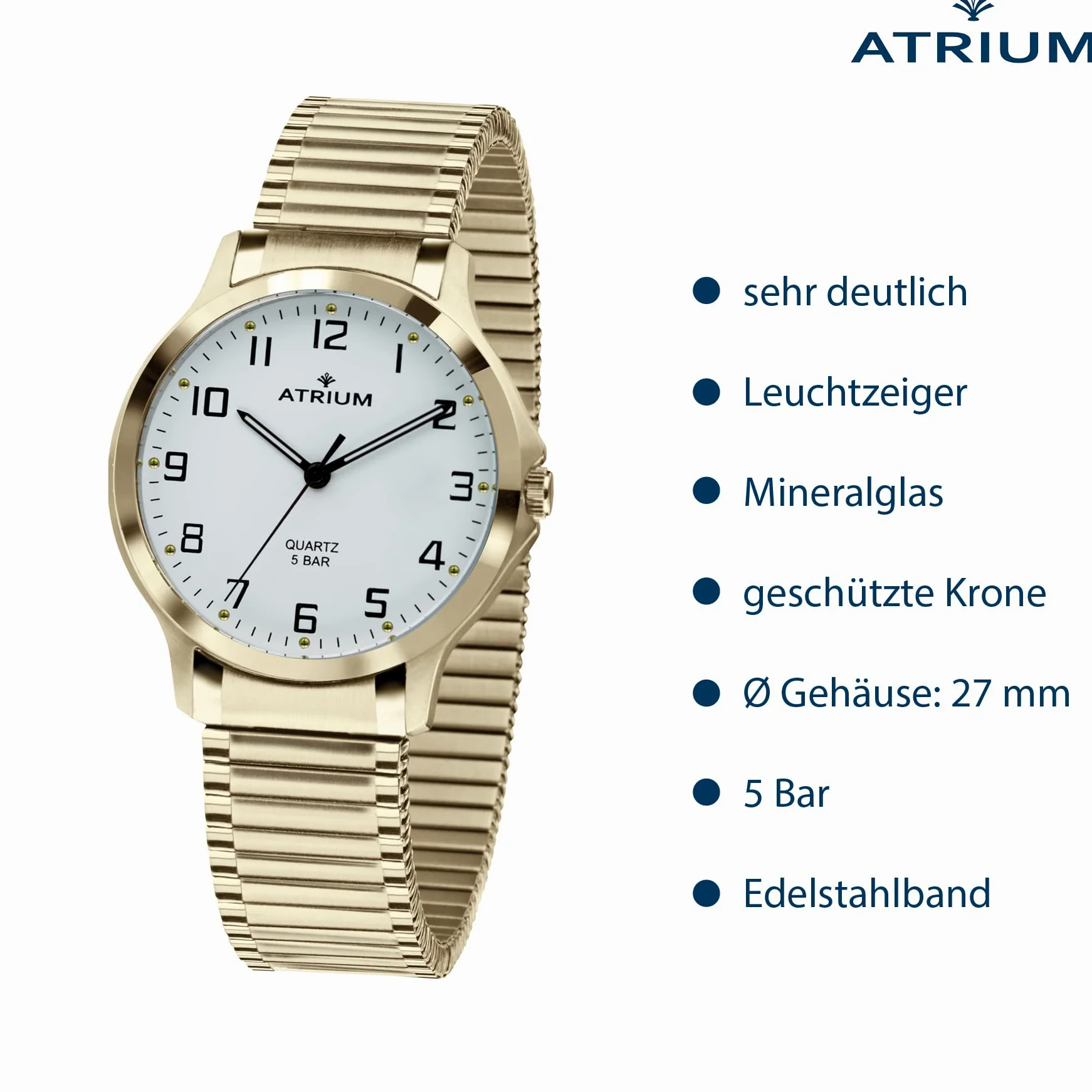 Atrium Damski zegarek na rękę, analogowy, kwarcowy, stal nierdzewna, 5 bar, świecące wskazówki, elastyczny pasek, złoty A13-60, złoto, bransoletka