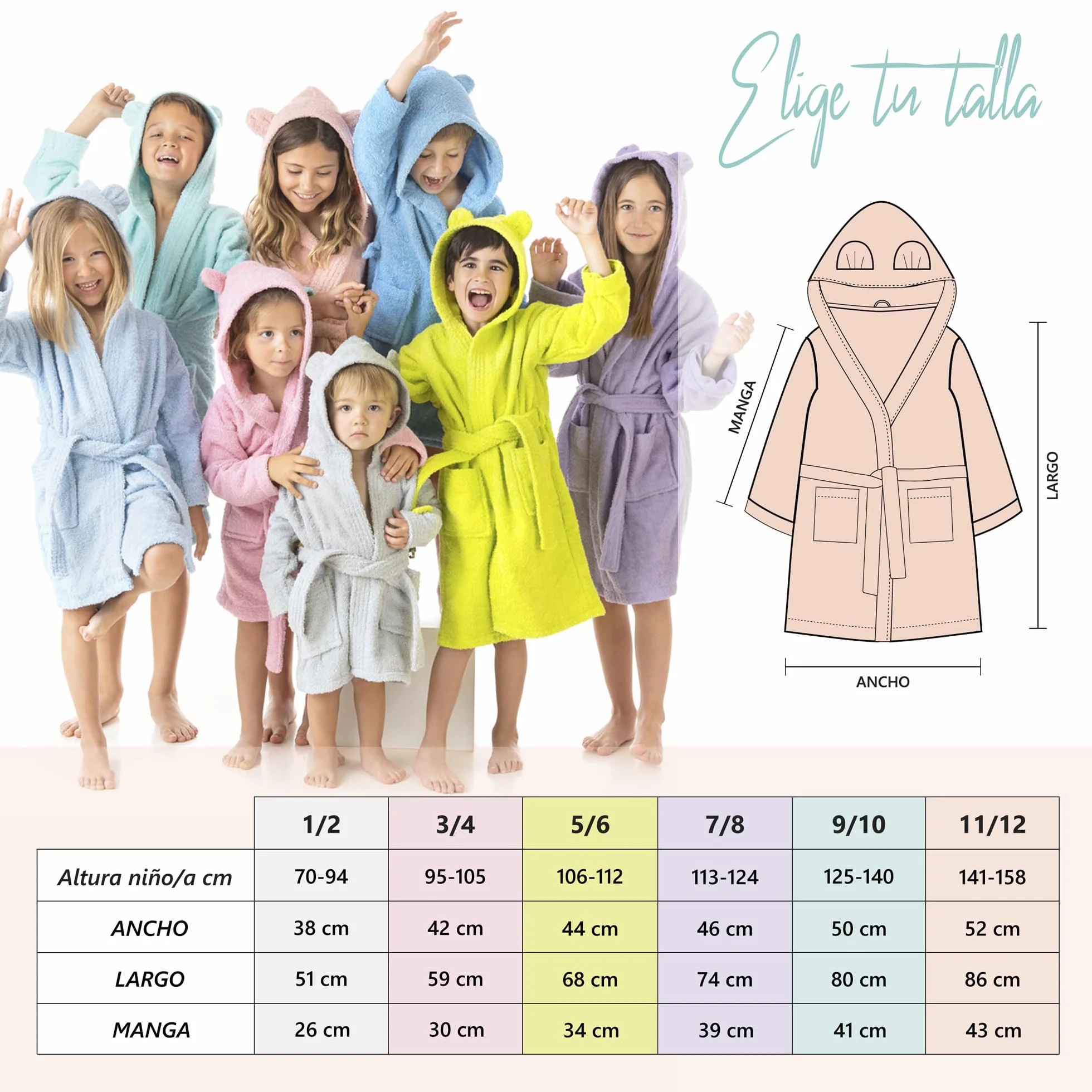LEBENGOOD Szlafrok dziecięcy z uszami - unisex, 100% bawełna OEKO-TEX®, kieszenie, pasek, kaptur