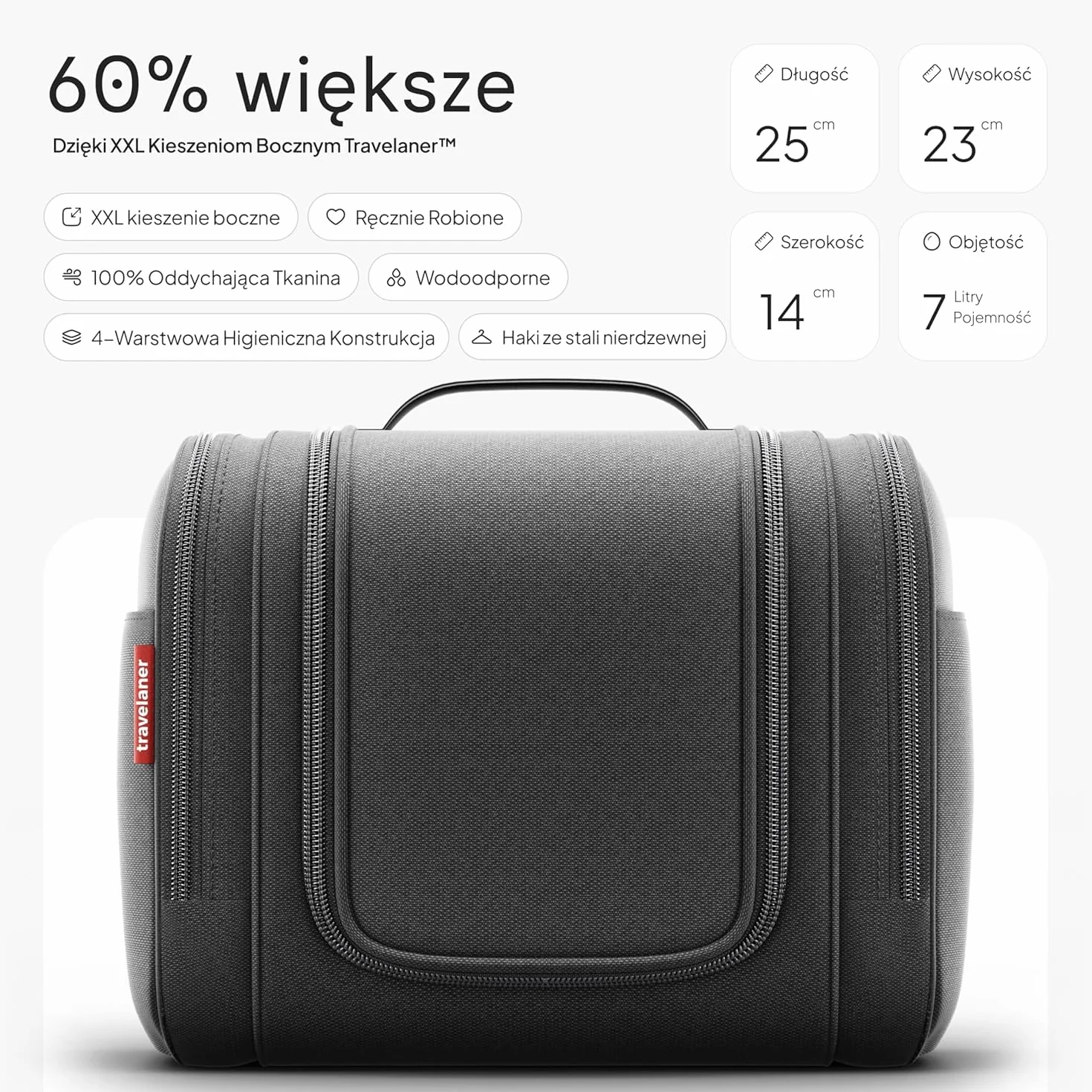 Travelaner® Kosmetyczka DESIGN 2026, Wisząca Kosmetyczka Podróżna 3w1, Pojemność 7 Litrów, dla Kobiet i Mężczyzn, Duża Torba Toaletowa, Czarny