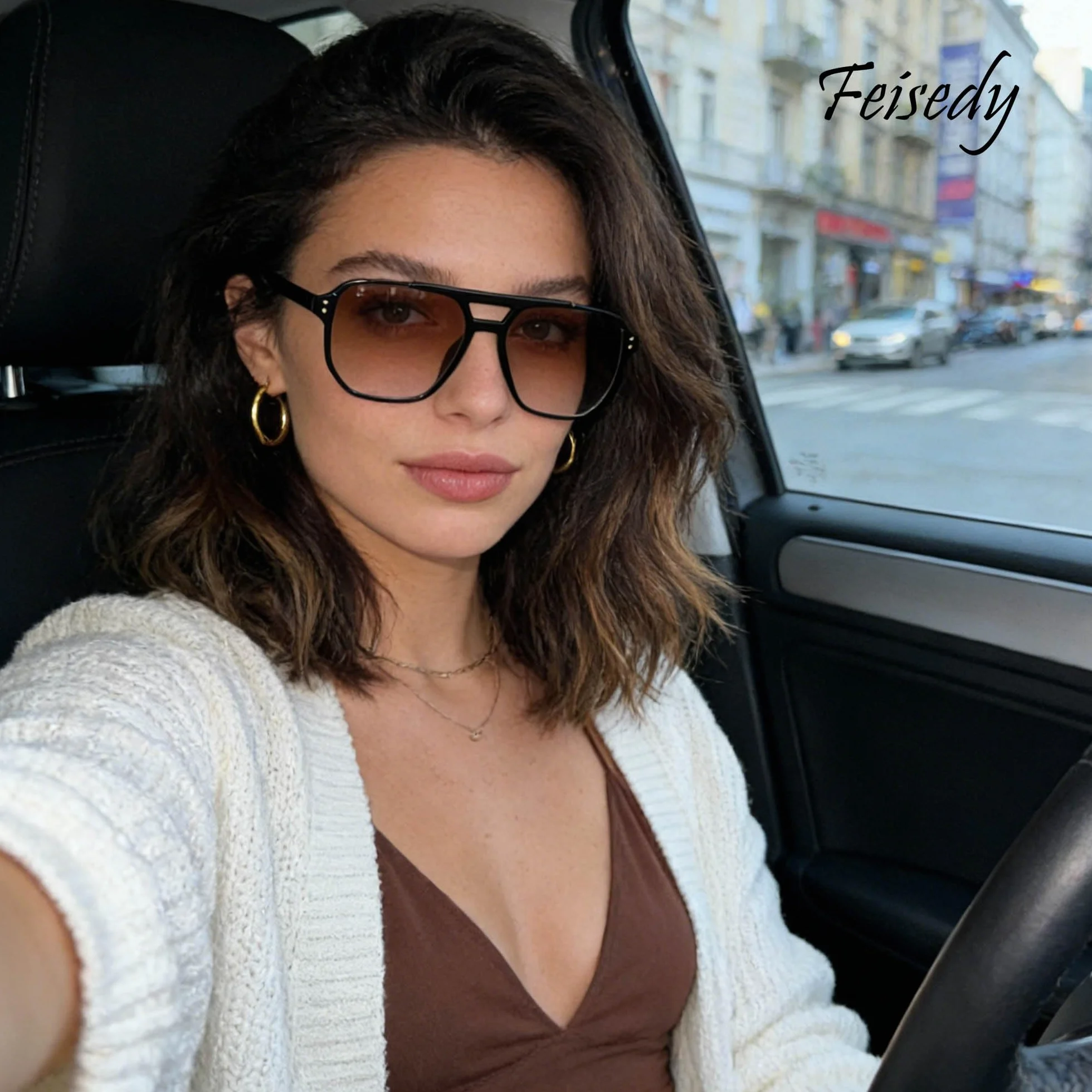FEISEDY Retro Kwadratowe Okulary Przeciwsłoneczne Kobiety Mężczyźni 70s Vintage Modne Okulary Klasyczne z Podwójnym Mostkiem Ochrona UV400 B2835