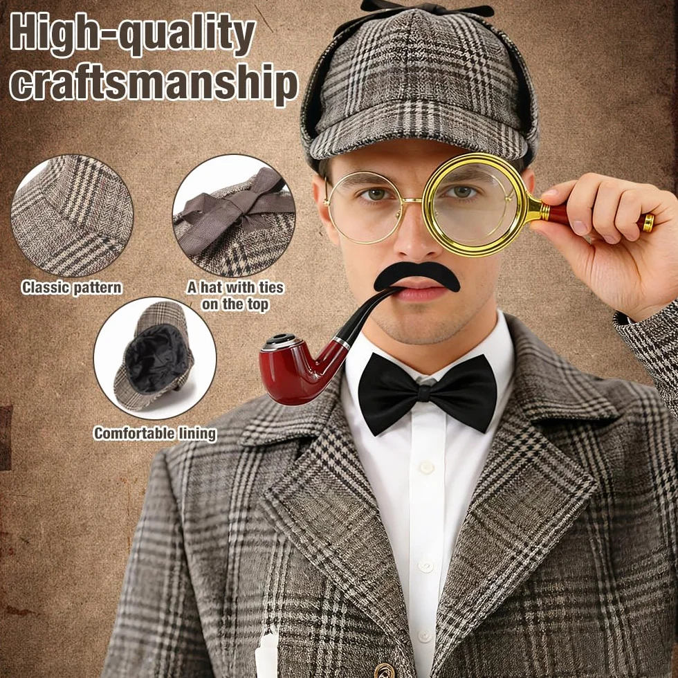 Zestaw akcesoriów do kostiumu detektywa, 7 sztuk, akcesoria do kostiumu Sherlock Holmes, z kapeluszem detektywistycznym, metalowe okulary, lupa, broda, detektywa, Cosplay, rekwizyty dla