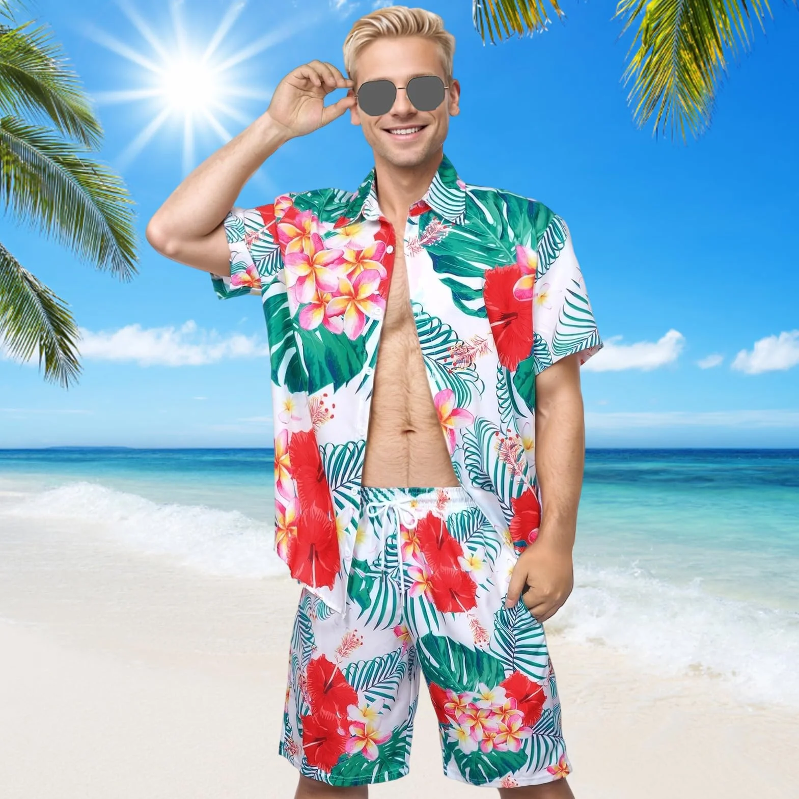 Hawajska koszula męska, kostium hawajski, na lato, koszula hawajska, z krótkim rękawem, na plażę, urlop, imprezę, festiwal