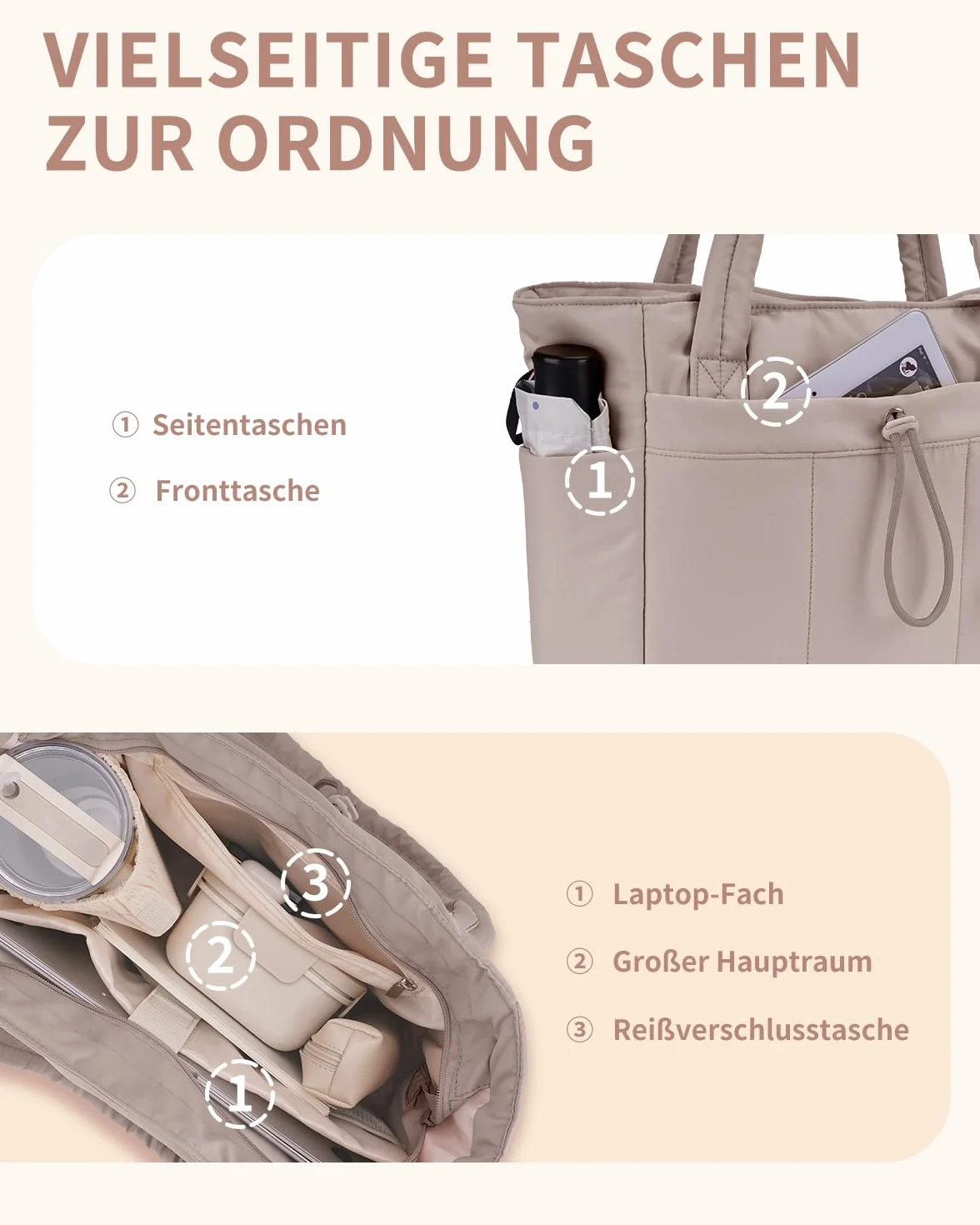 Torebka damska, 20 l, duża, pikowana, torba na zakupy z kieszenią na laptopa (15,6") i uchwytem na napoje (1,18 l), idealna do biura, szkoły, na podróż, na zakupy (zgłoszona patent)
