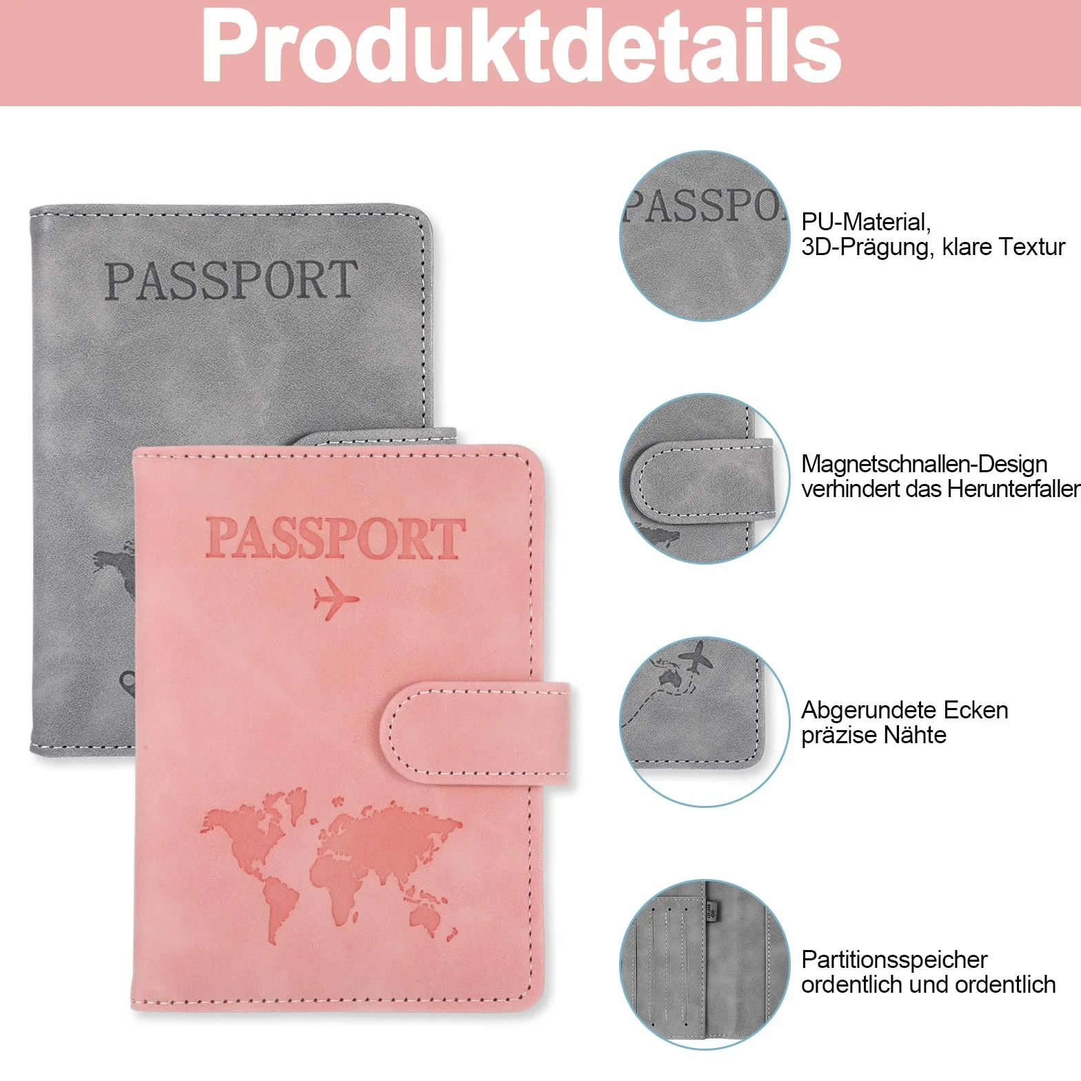 Etui na paszport Holder z zawieszką do walizki, etui na paszport 11 x 15 cm/4,33 x 5,91 cala skóra PU Blokada RFID do dokumentów podróżnych, szary + różowy., 11x15cm/4.33x5.91inch, Klasyczny