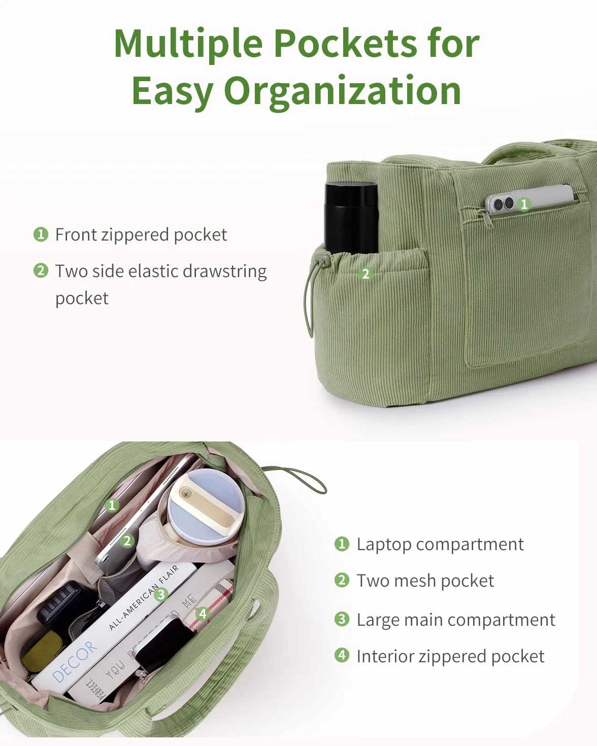 ECOHUB Cord Shopper damska duża torba z zamkiem błyskawicznym, torba robocza z kieszenią na laptopa o przekątnej ekranu 15,6", duża torebka do szkoły, na uczelnię, do biura, na co dzień, w podróż