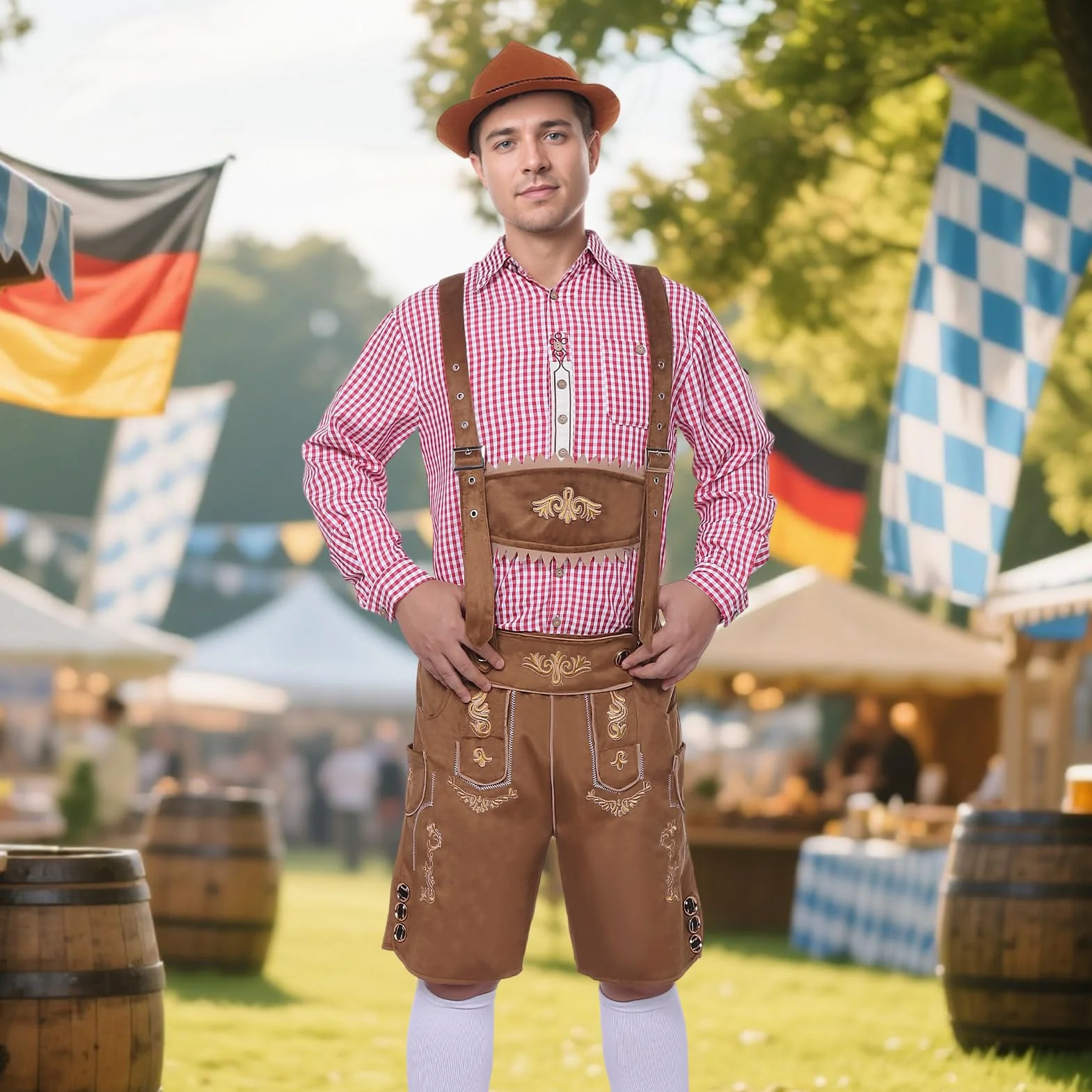 Strój męski na Oktoberfest, bawarski tradycyjny strój męski na Oktoberfest z tradycyjnymi skórzanymi spodniami, kapeluszem i skarpetkami na karnawałową imprezę cosplay (Brązowy, L)