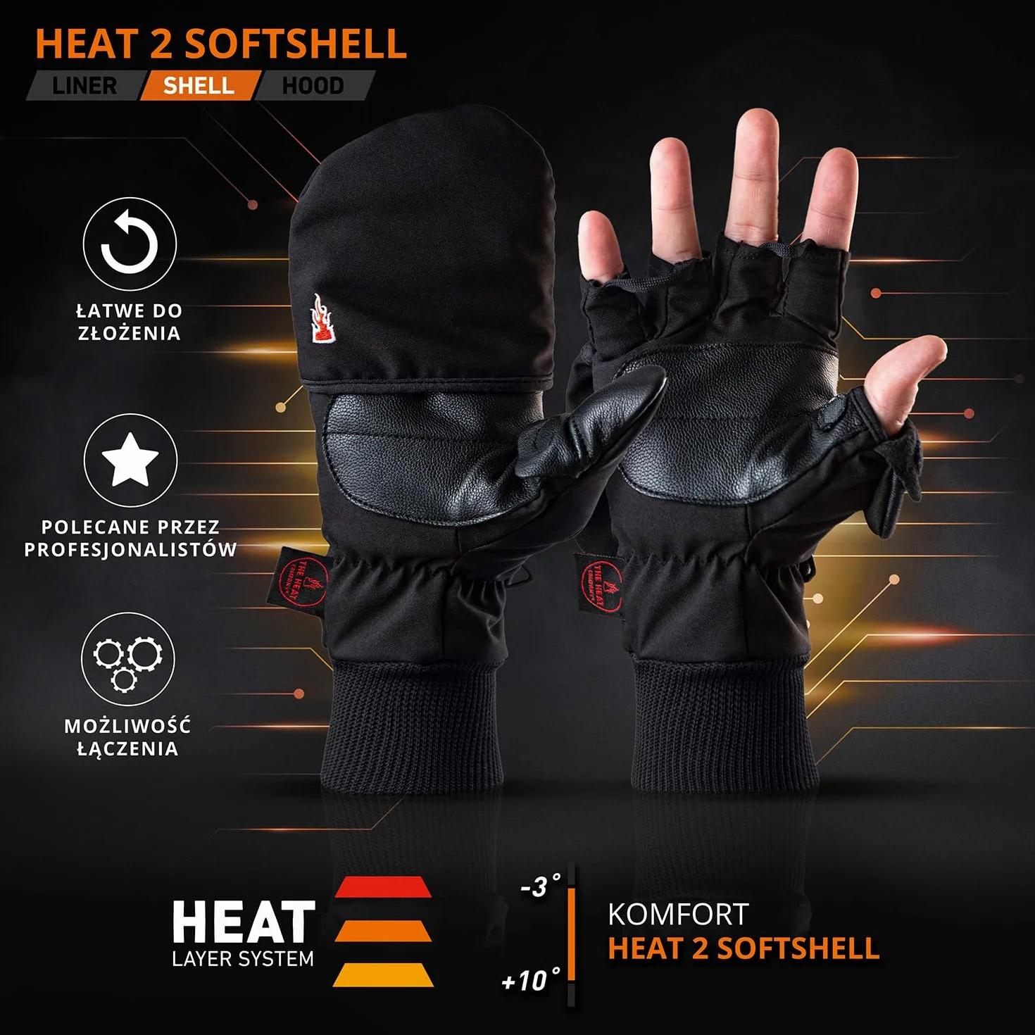 THE HEAT COMPANY - HEAT 2 SOFTSHELL - rękawiczki bez palców do ekranów dotykowych i mitenki w jednym - jakość premium - ciepłe rękawiczki zimowe i rowerowe - chronią przed zimnem podczas uprawiania sportu i pracy