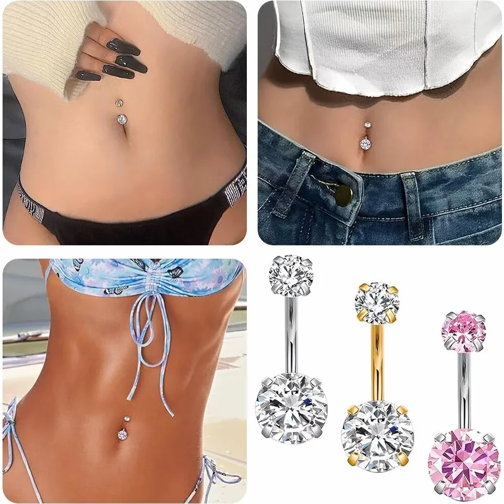 Kolczyk do pępka, 3 sztuki, zestaw kolczyków do pępka, banan, kolczyk do pępka z cyrkoniami, okrągły 8 mm + 5 mm, długość 10 mm, piercing do pępka, biżuteria do ciała - srebrny, złoty, różowy