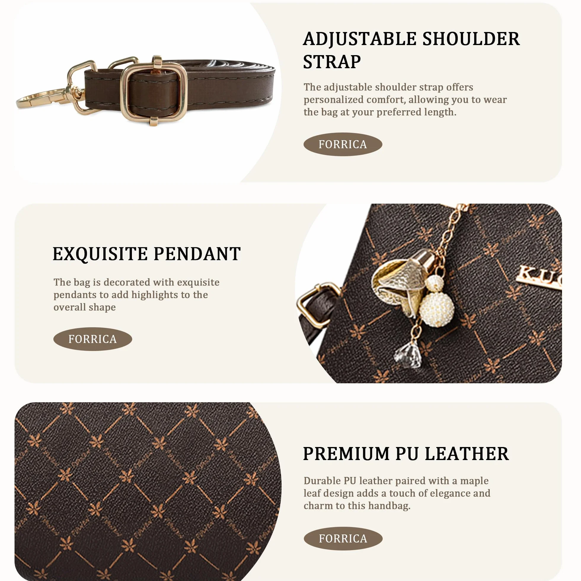 Damska Torebka Wykwintny Wisiorek Torba na Ramię Elegancki Wzór Liścia Klonu Torebki PU Skóra Torebka Crossbody Brązowy Uchwyt B