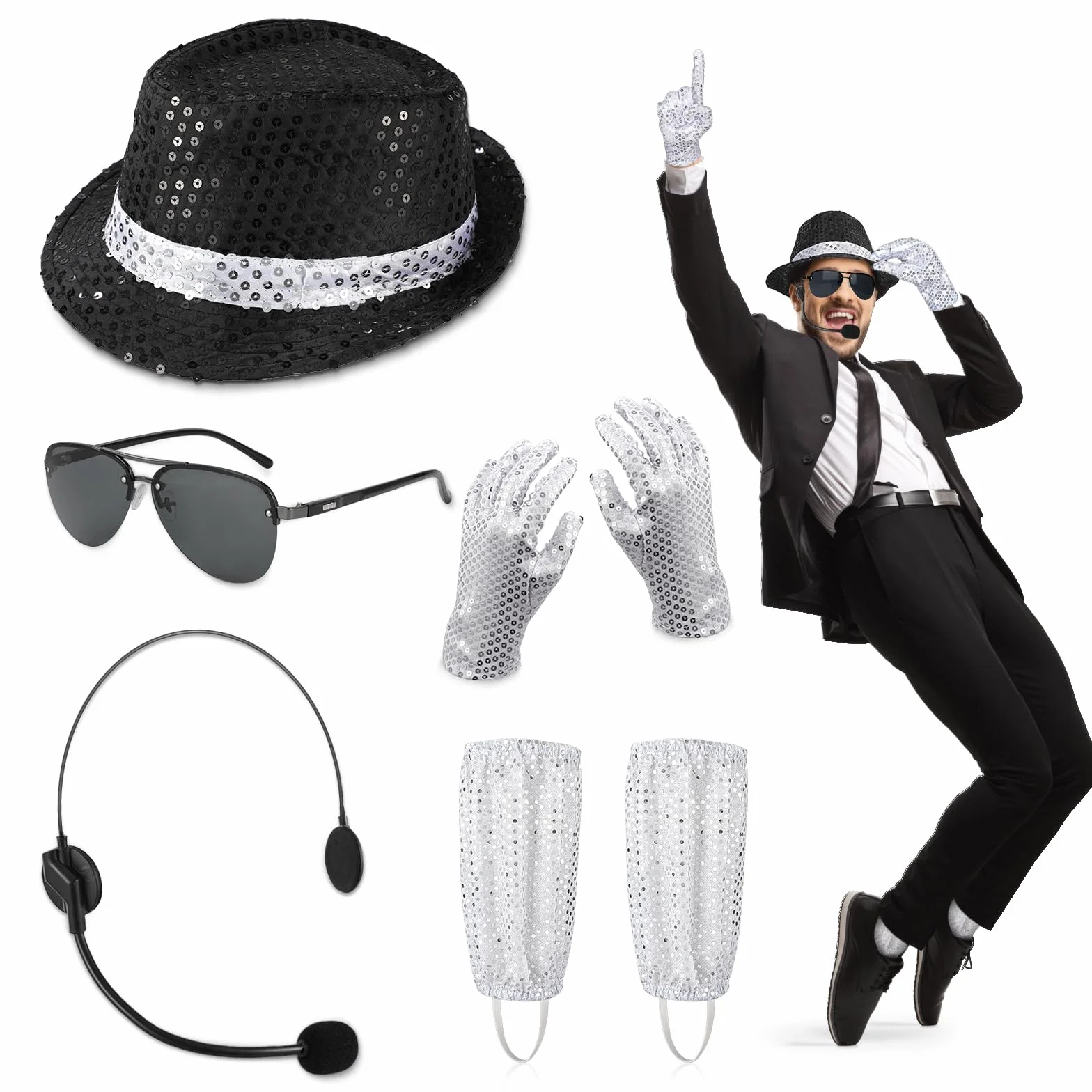 Hifot 7 x akcesoria do kostiumu MJ dla dorosłych, brokatowa czapka, zestaw słuchawek i okularów ze słodkimi cekinami, srebrne skarpetki, zestawy kostiumowe do cosplayu, kostium taneczny z lat 80