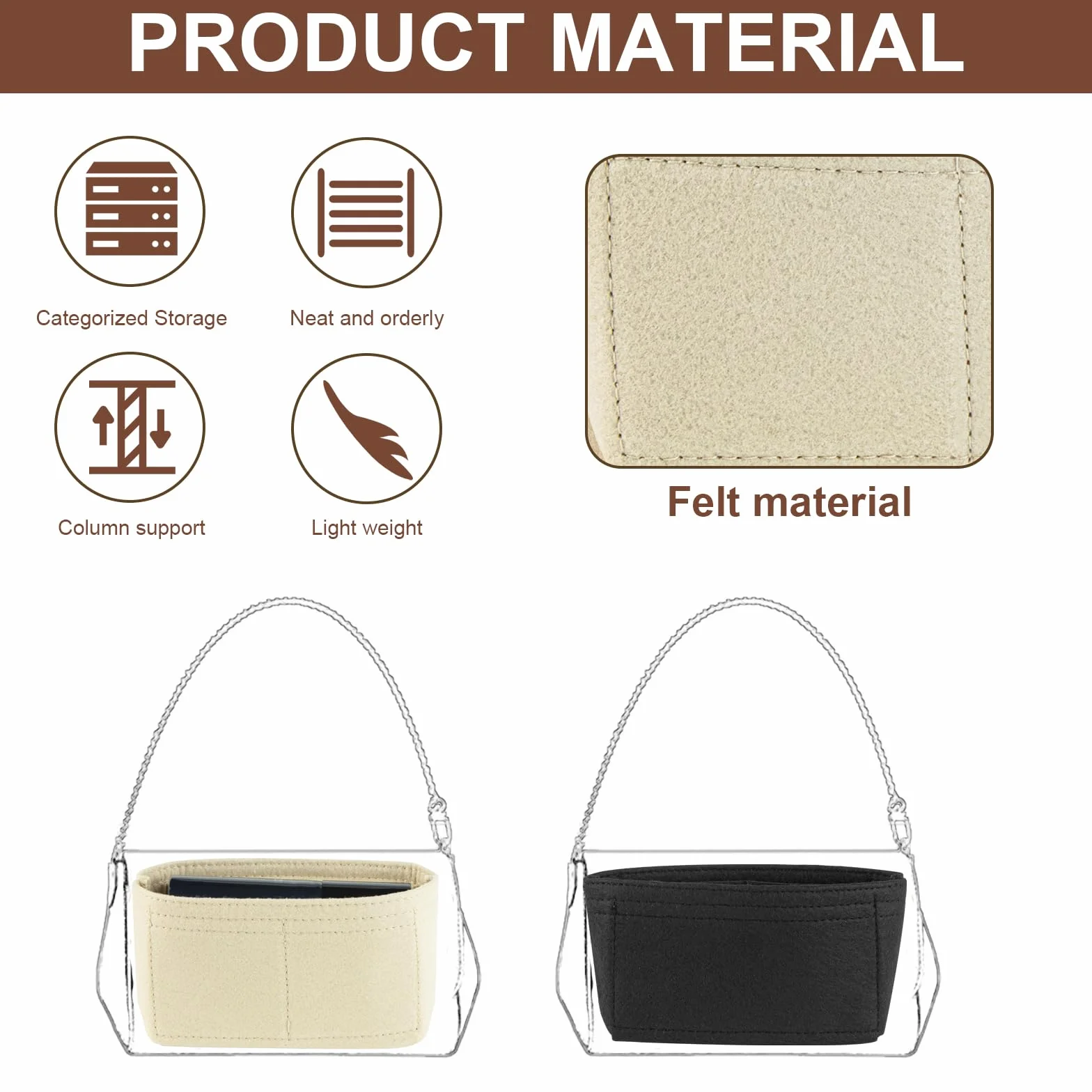 2-częściowy organizer na mini torebki, kompatybilny z Longchamp, z wieloma kieszeniami, kieszeniami wewnętrznymi, torbami, organizerem, czarny i beżowy (17 x 5 x 9 cm)
