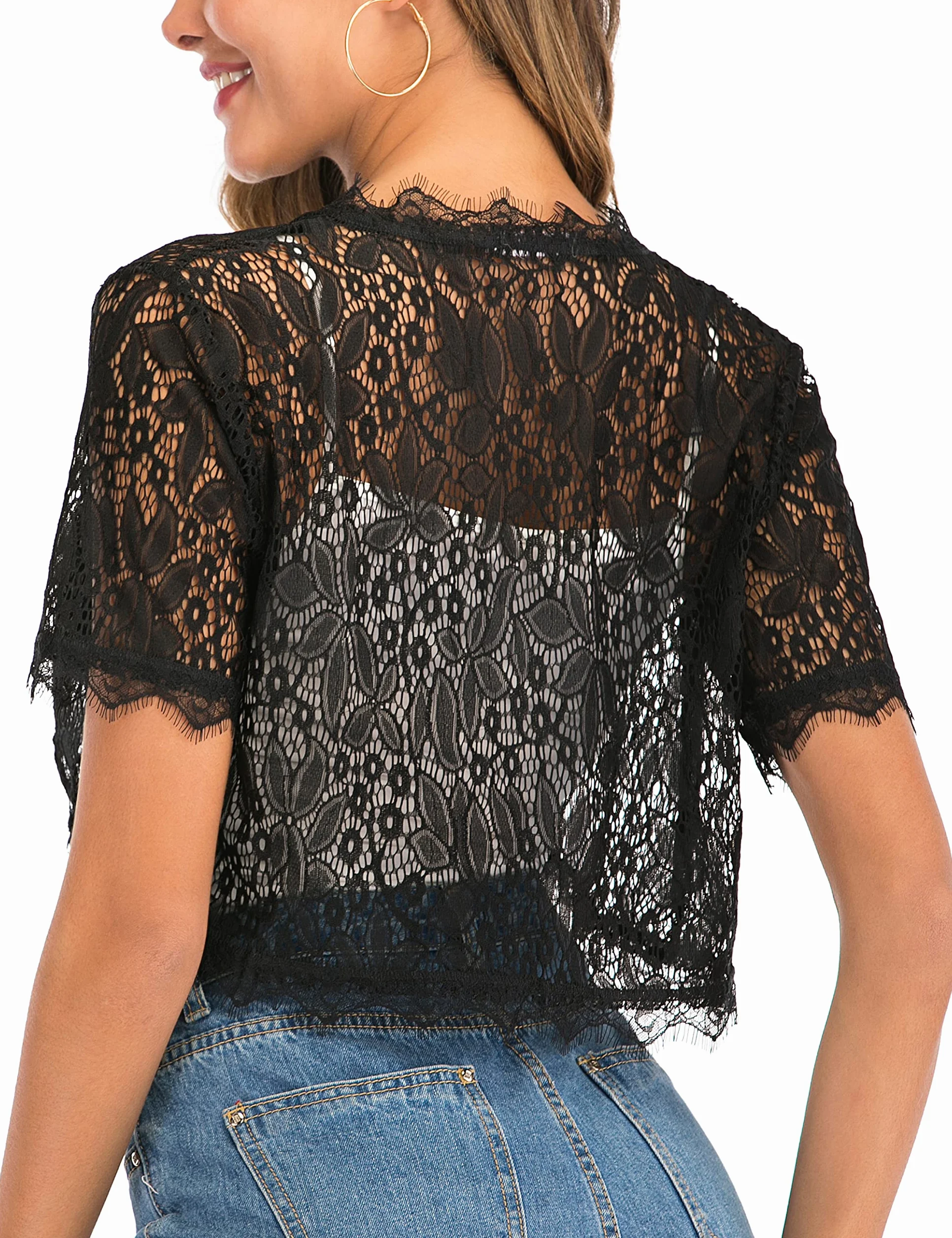 Enjoyoself Damski Shrug Lekki Koronkowy Krótki Rękaw Otwarty Przód Bolero Cardigan Cover Up Szydełkowy Krótki Płaszcz