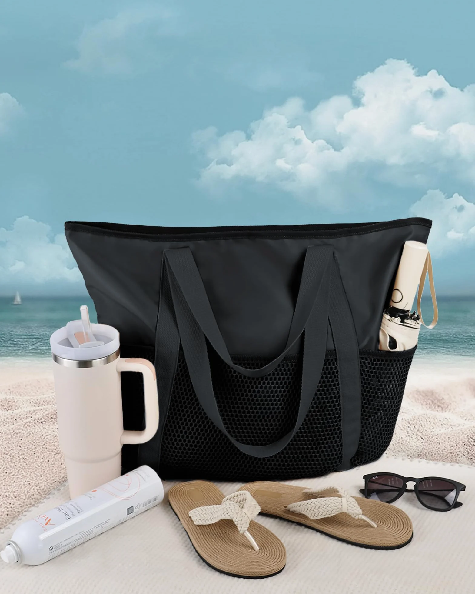 HOMESPON Wodoodporna torba plażowa dla kobiet i mężczyzn, rodzinna, duża torba z wieloma kieszeniami i zamkiem błyskawicznym, idealna na plażę, basen, podróże, zakupy sportowe