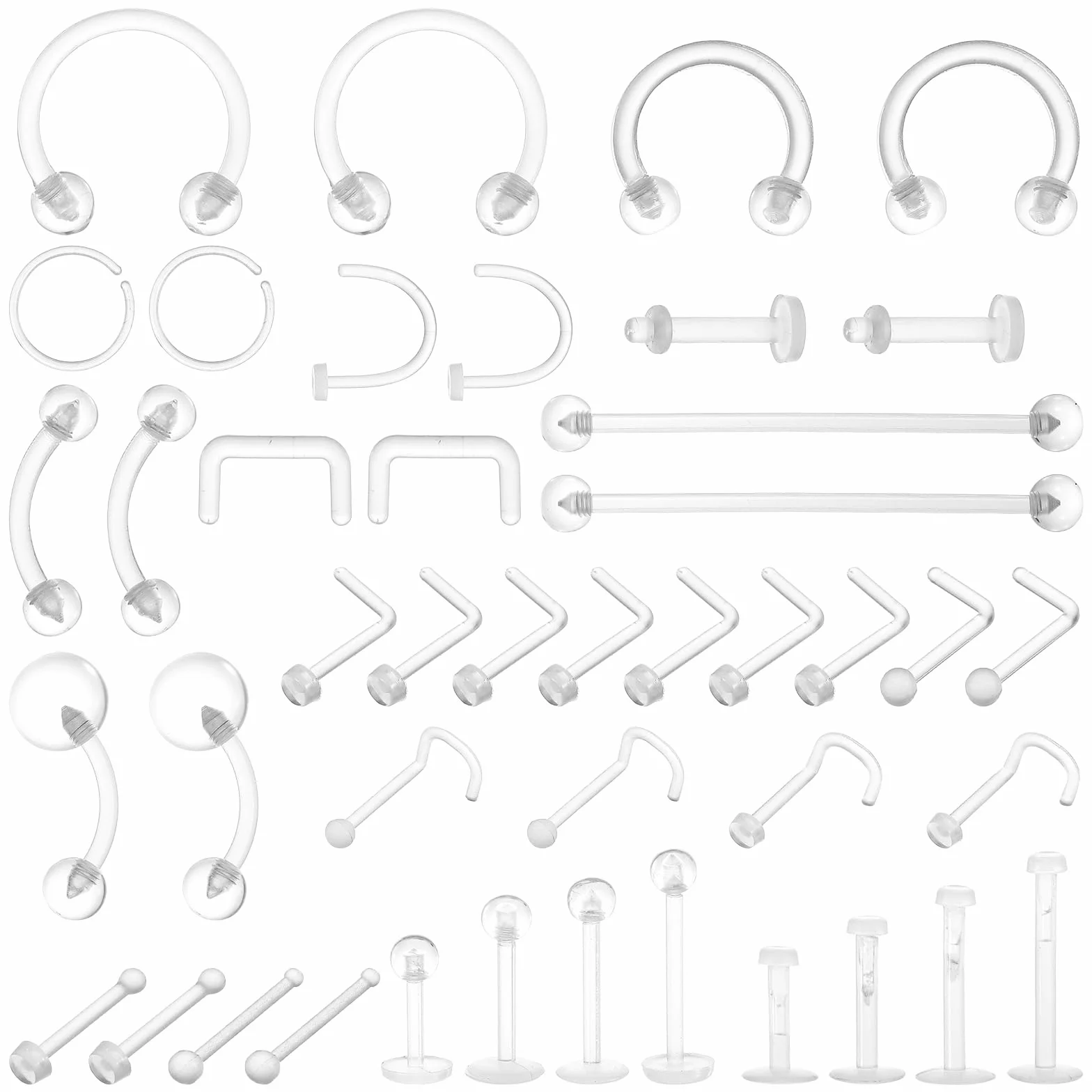 Telooco 43 szt. kolczyków do piercingu, przezroczyste plastikowe kolczyki do nosa, kolczyki do chrząstki przegrody nosowej, brwi, wargi, tragus, biżuteria dla mężczyzn i kobiet