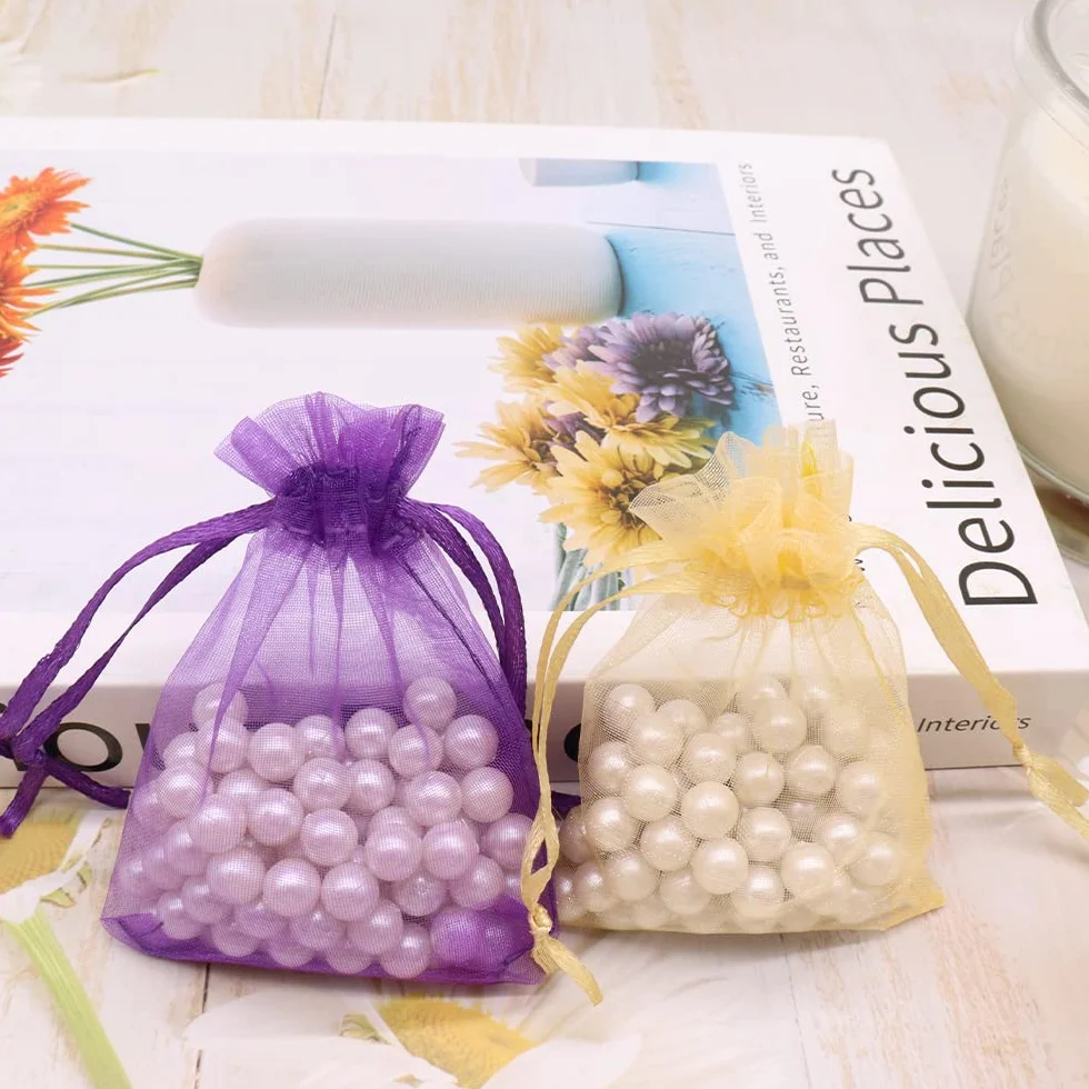 Leeyunbee 100 szt. Złote woreczki z organzy 7 x 9 cm woreczki z organzy, woreczki, na prezent, biżuteria, ślubne torebki na cukierki, na imprezę festiwalową i wesele, satynowy sznurek