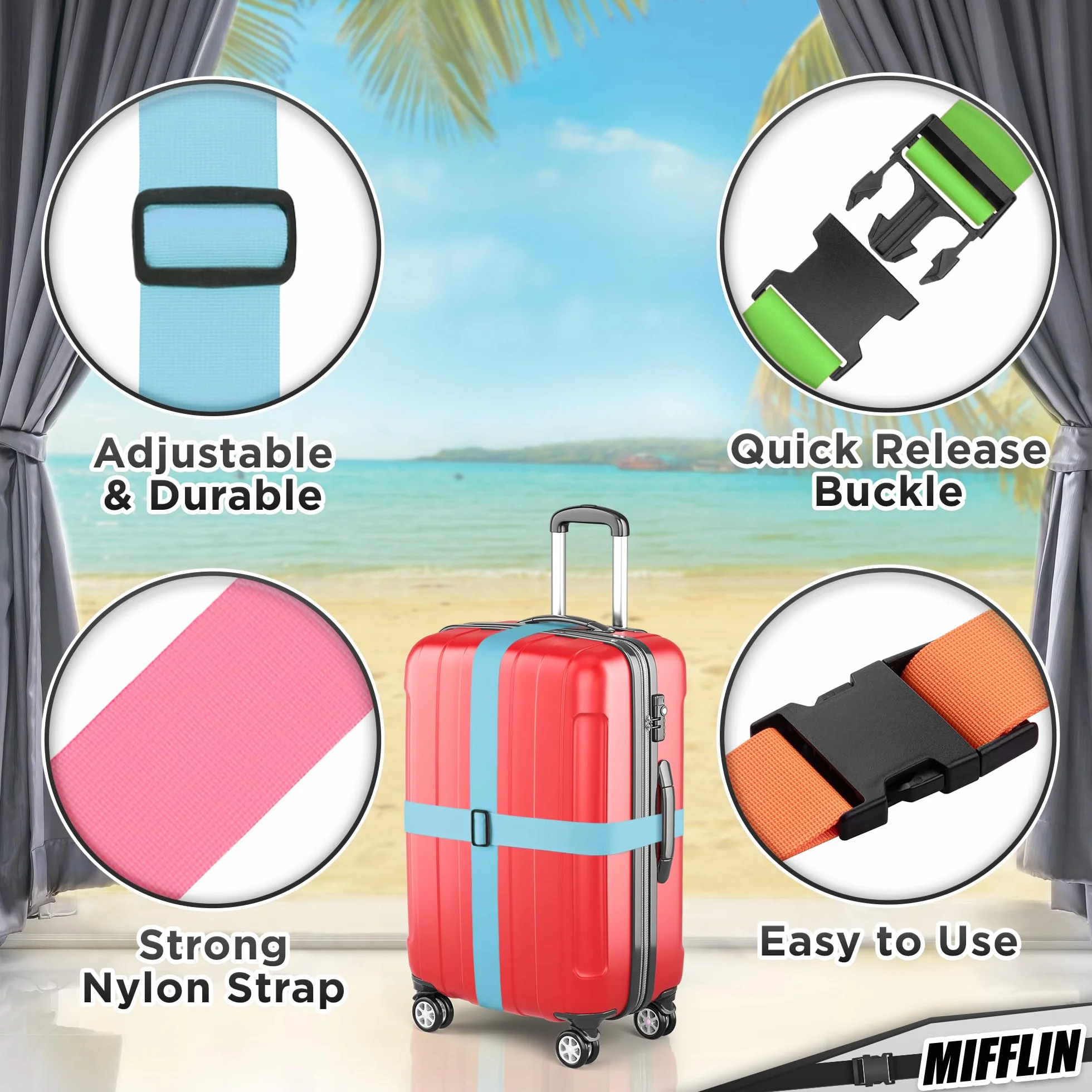 Luggage Straps - Mixed Color, 2m Long, 5cm Wide, 4 Pack - Adjustable Nylon Belt for Travel Suitcases & Bags - by Mifflin