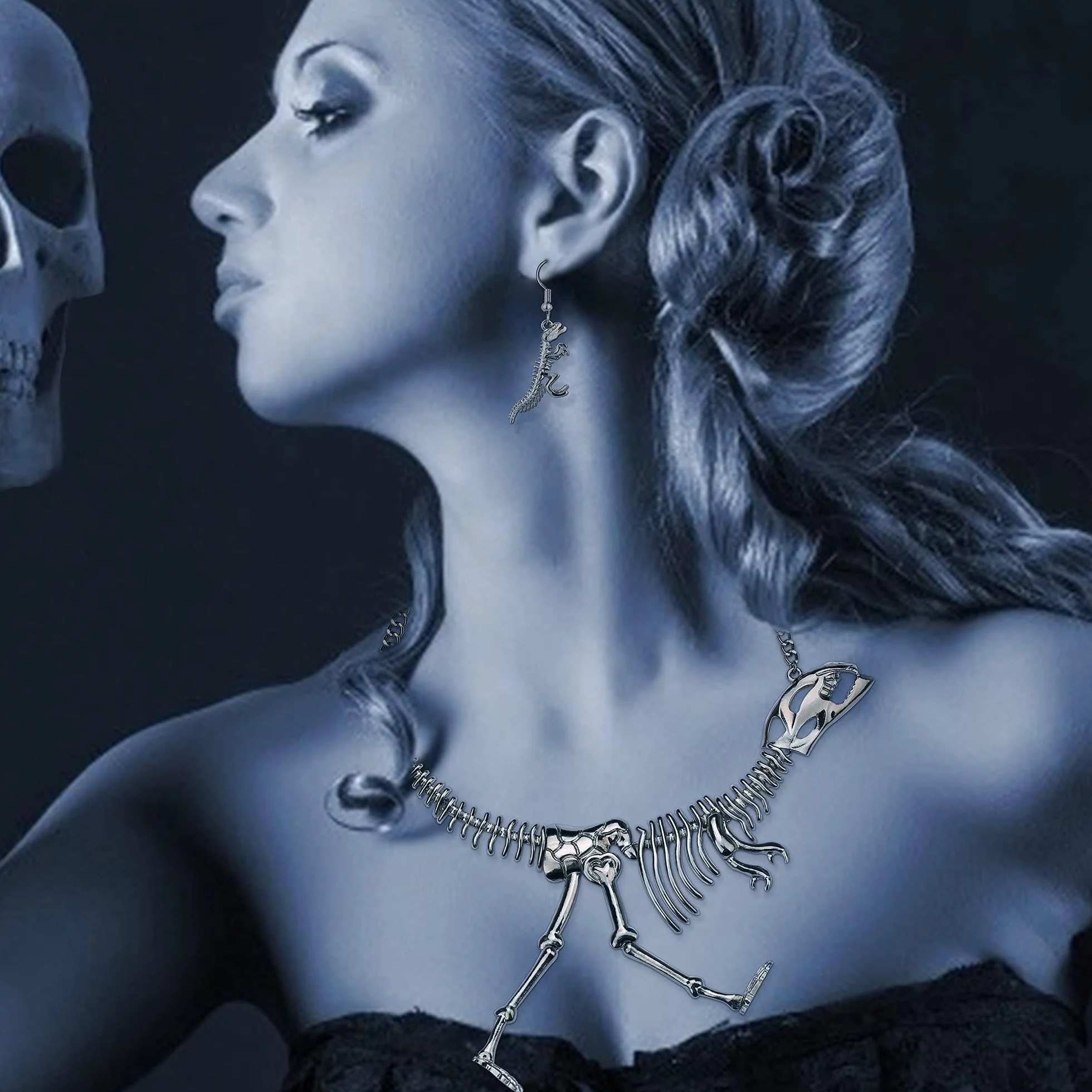 LOLIAS Halloween punkowy naszyjnik zestaw kolczyków gotycka czaszka szkielet pazur choker naszyjnik ogniwo bransoletka wiszące kolczyki zestaw biżuterii dla kobiet dziewcząt, Metal