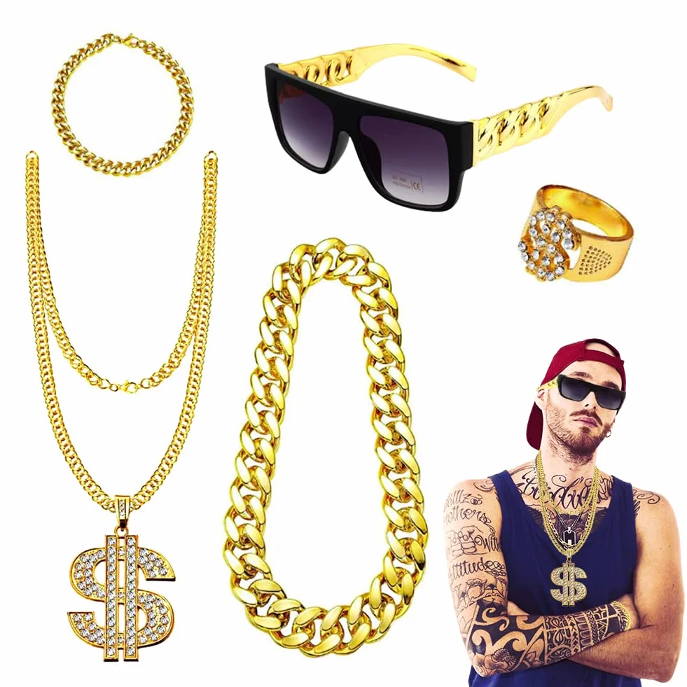 CEWROM Zestaw kostiumowy hip-hopowy, 4 sztuki, strój męski w stylu lat 80-tych XX wieku, akcesoria rapera, znak dolara, złoty łańcuszek, okulary przeciwsłoneczne, złoty pierścionek hipisowski