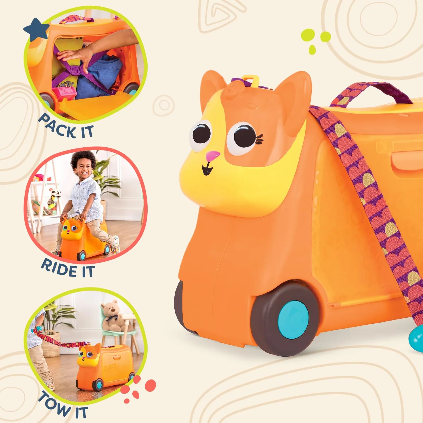 B. toys Lolo – bagaż podręczny dla dzieci, walizka podróżna z oświetleniem i dźwiękiem, bagaż dziecięcy do siedzenia na górze, z miejscem do przechowywania, dla dziewcząt i chłopców od 2 lat