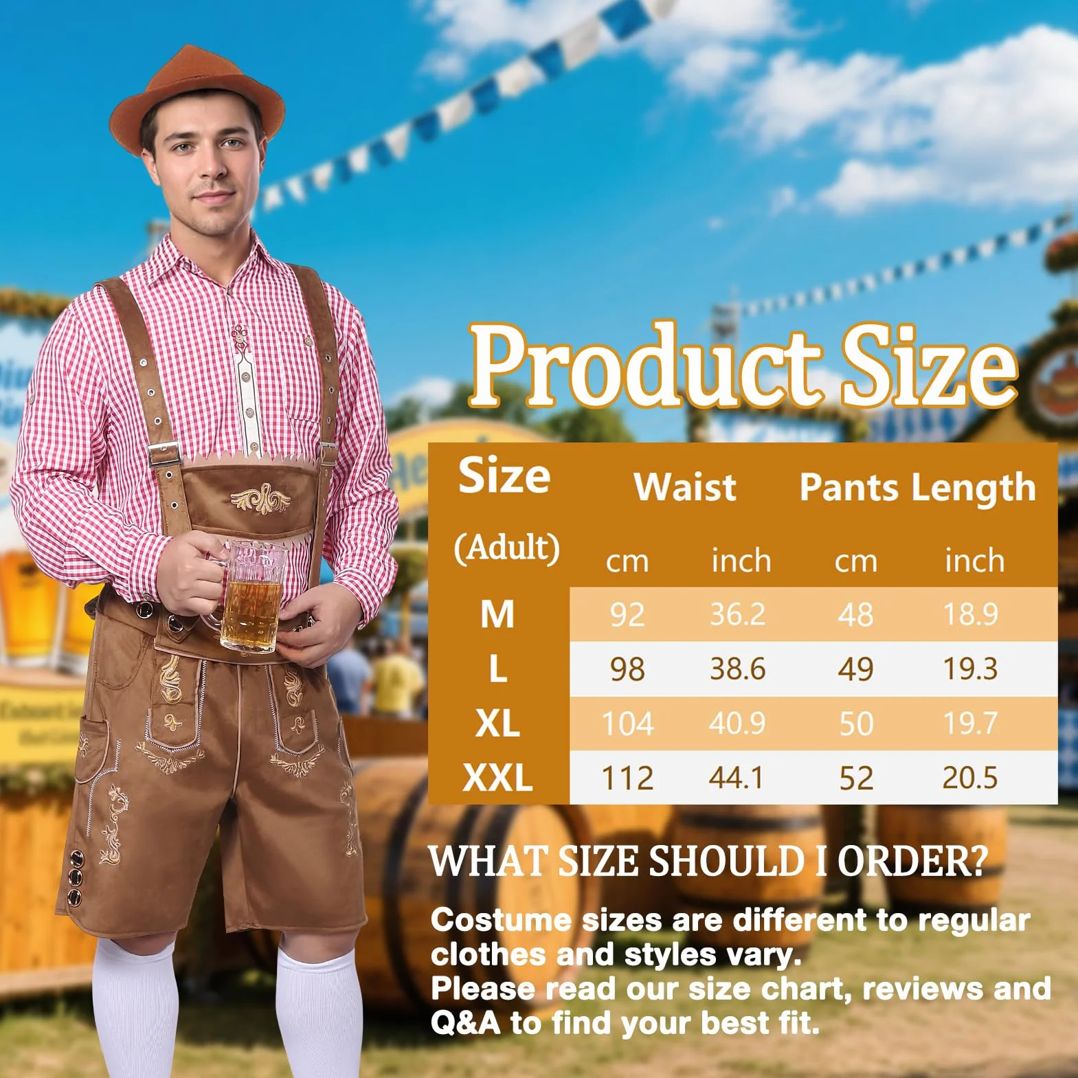 Strój męski na Oktoberfest, bawarski tradycyjny strój męski na Oktoberfest z tradycyjnymi skórzanymi spodniami, kapeluszem i skarpetkami na karnawałową imprezę cosplay (Brązowy, L)
