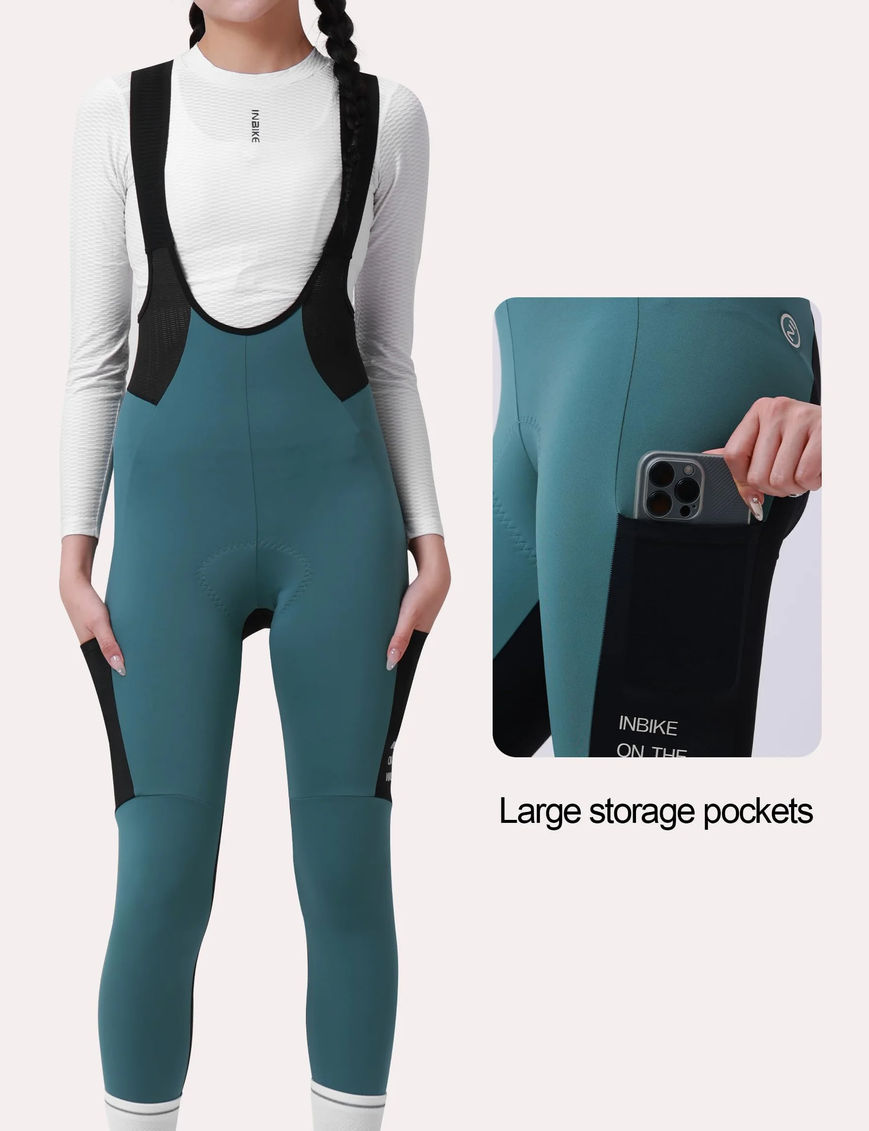 INBIKE Spodnie rowerowe Bib Bib, spodnie rowerowe, damskie, długie, zimowe, termiczne, wyściełane, z kieszeniami, polarowe, odblaskowe logo, oddychające, elastyczne, wygodne