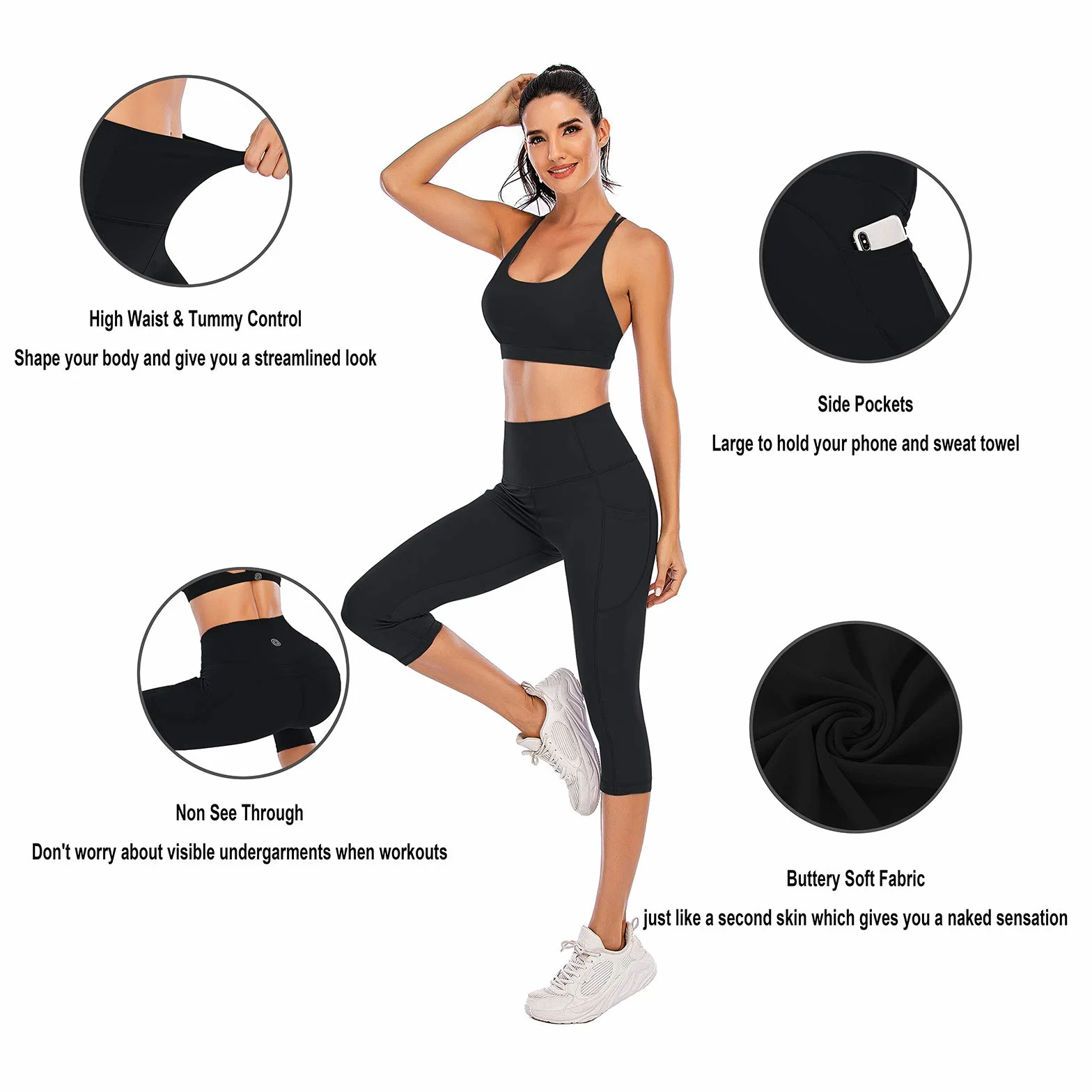 Steppe Naked Feeling spodnie do jogi z wysokim stanem damskie legginsy treningowe capri z kieszeniami, Kieszeń Capris-czarna, XL