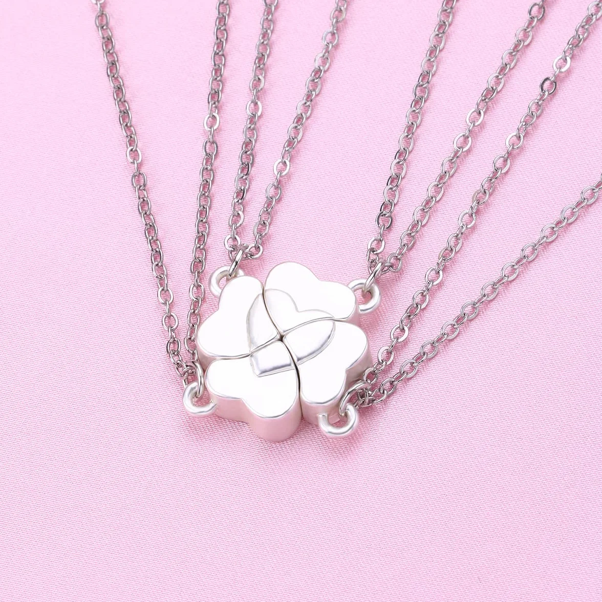Pwsap Naszyjniki BFF z czterolistną koniczyną dla 4 dziewcząt, przyjaźń, magnetyczne bijuteria dla najlepszych przyjaciół, pasujące naszyjniki dla dziewcząt, kobiet, walentynki
