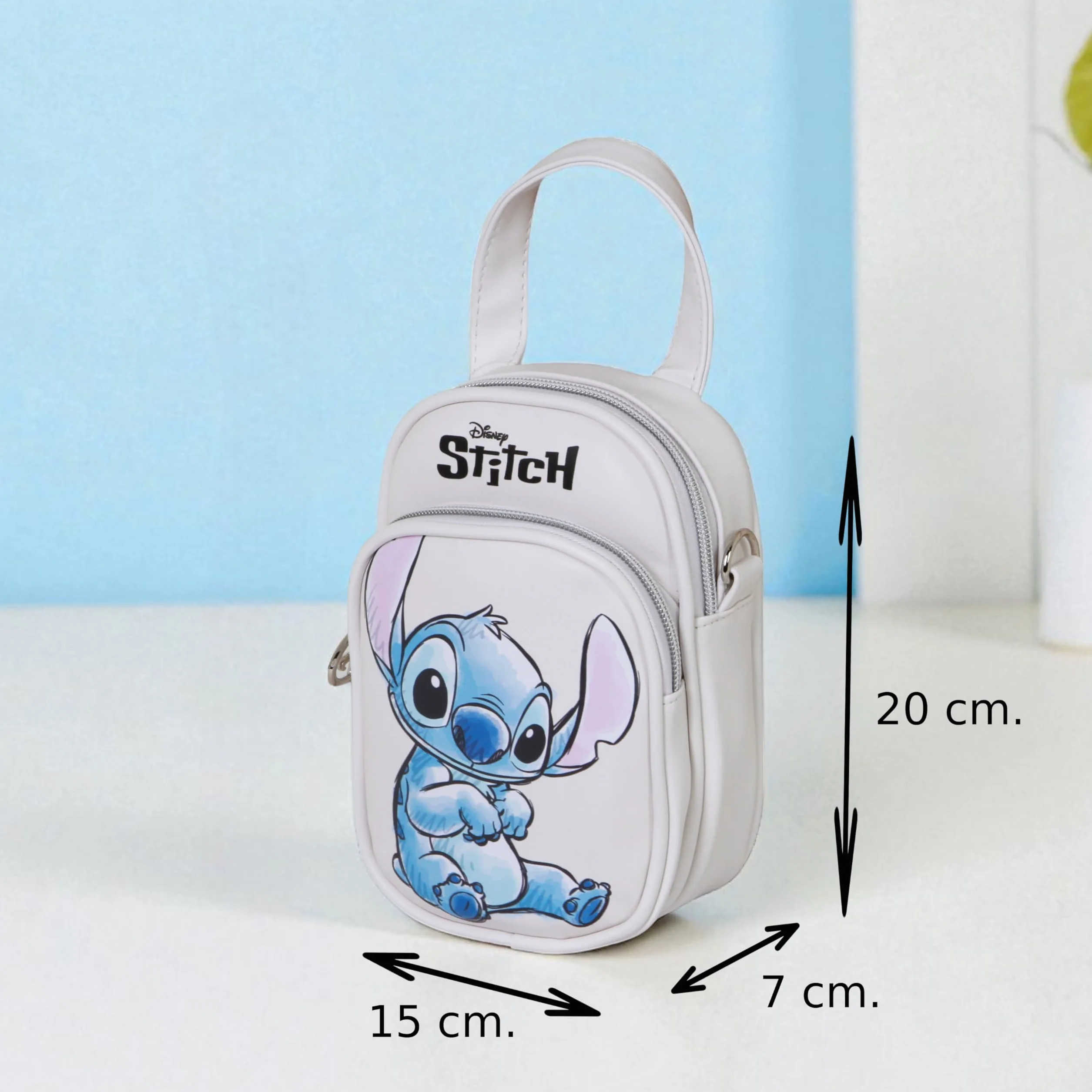 Disney Stitch mini torba na ramię z podwójną kieszenią - mała torebka damska 20 x 15 x 7 cm - kompaktowa beżowa konstrukcja z regulowanym paskiem i zamkami błyskawicznymi