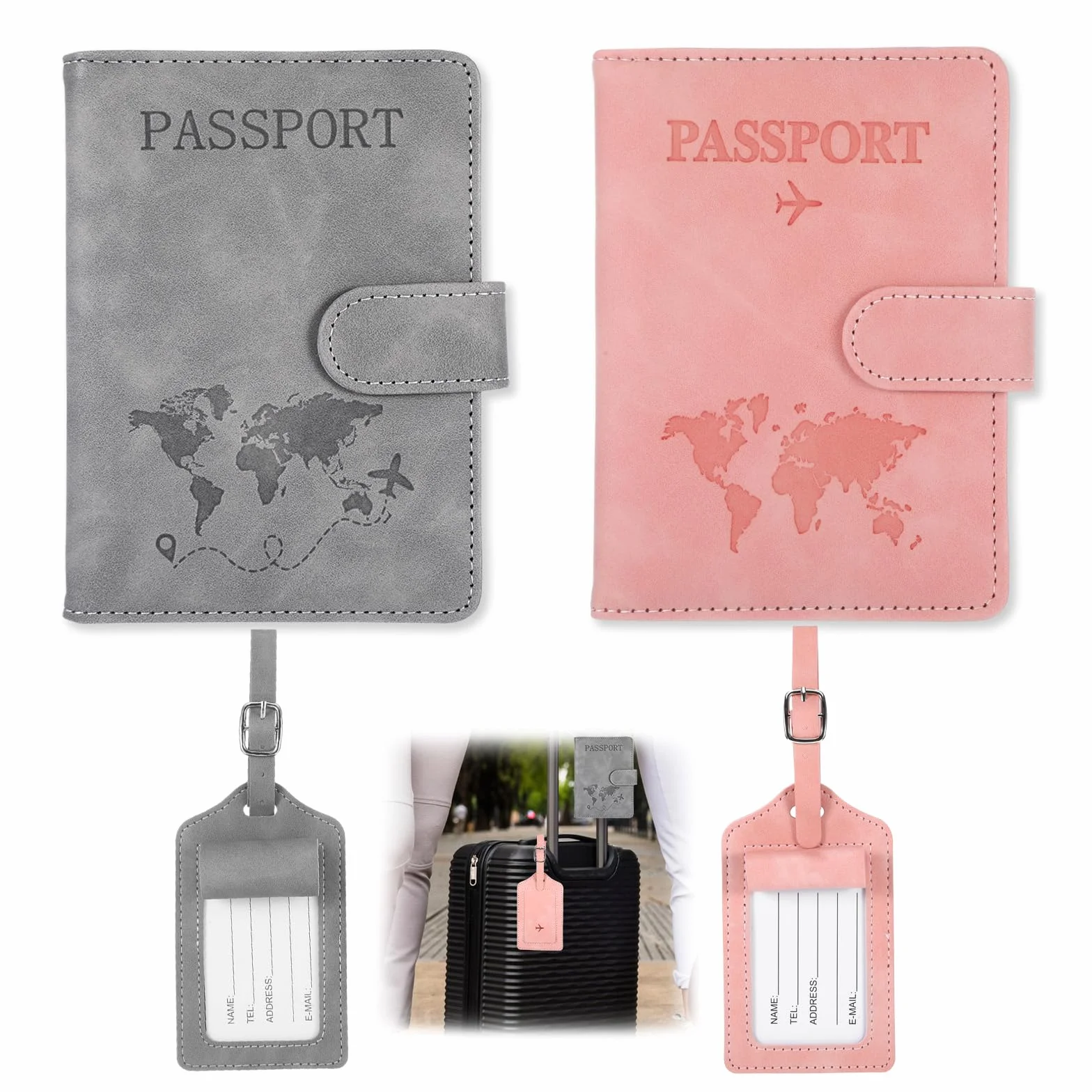 Etui na paszport Holder z zawieszką do walizki, etui na paszport 11 x 15 cm/4,33 x 5,91 cala skóra PU Blokada RFID do dokumentów podróżnych, szary + różowy., 11x15cm/4.33x5.91inch, Klasyczny