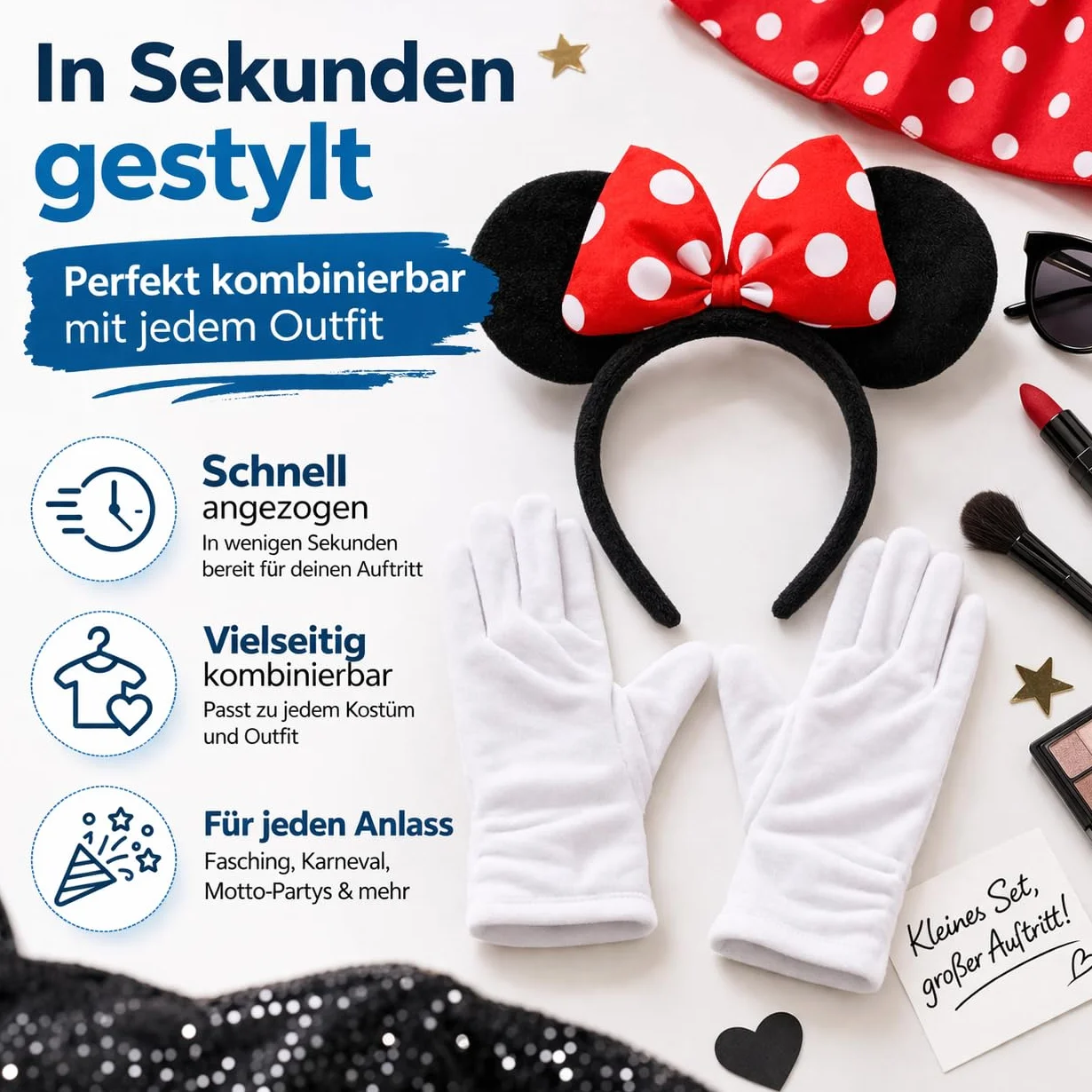 Costumed 2-częściowy zestaw z uszami myszki Minnie – kostium z rękawiczkami i uszami myszy dla kobiet na karnawał
