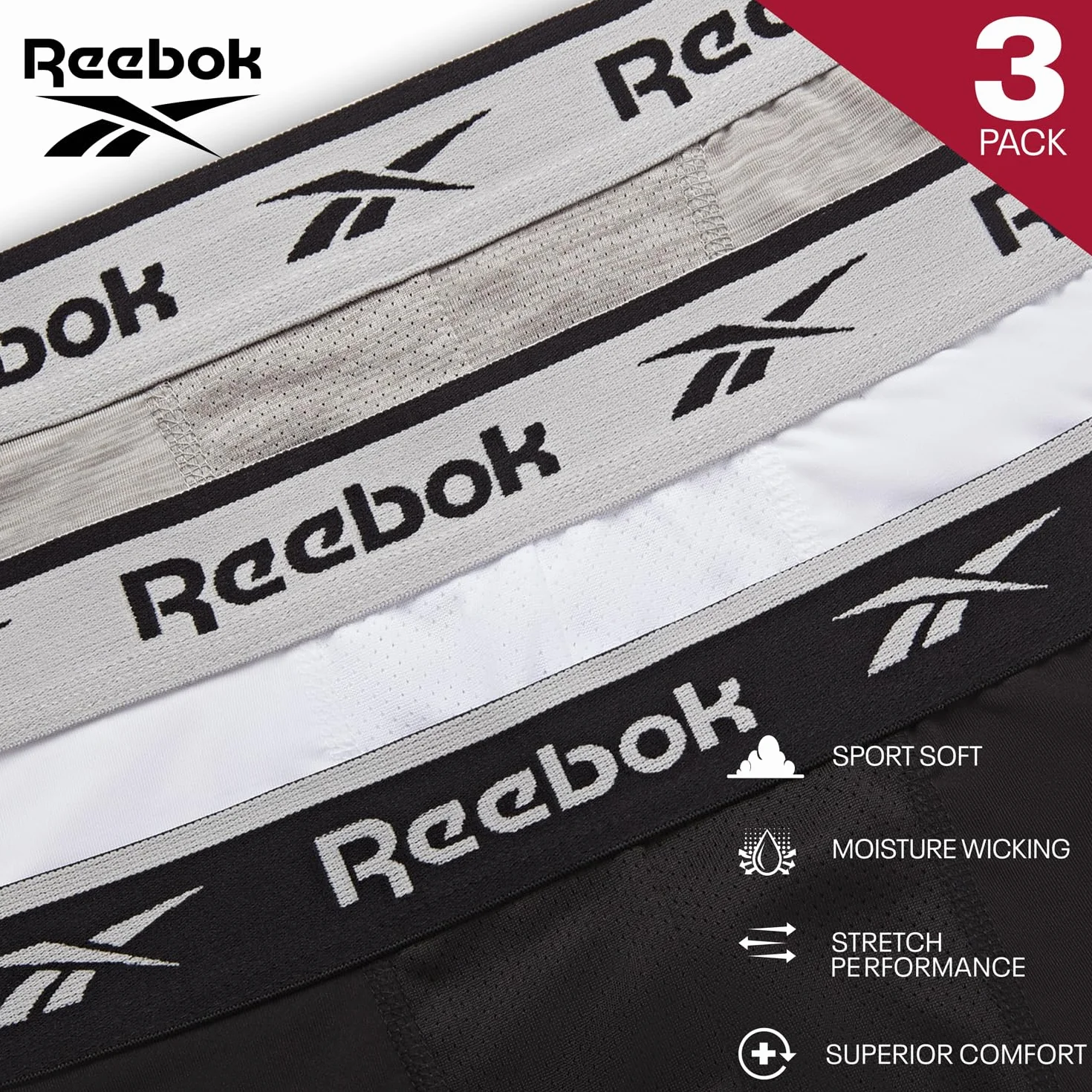 Reebok Ainslie Bokserki dla mężczyzn, 3 sztuki, męskie bokserki sportowe, oddychająca i rozciągliwa bielizna dla mężczyzn, wielopak bokserek, czarny/biały/szary, marl, Czarny/biały/szary marl, M
