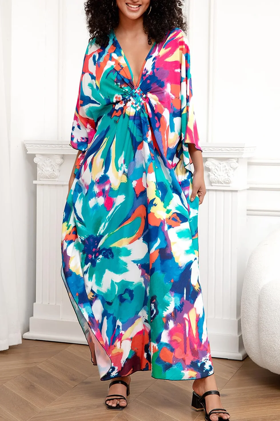 Damskie kwieciste haftowane kimono, długa letnia sukienka maxi, kaftan, na plażę, okrycie górne boho
