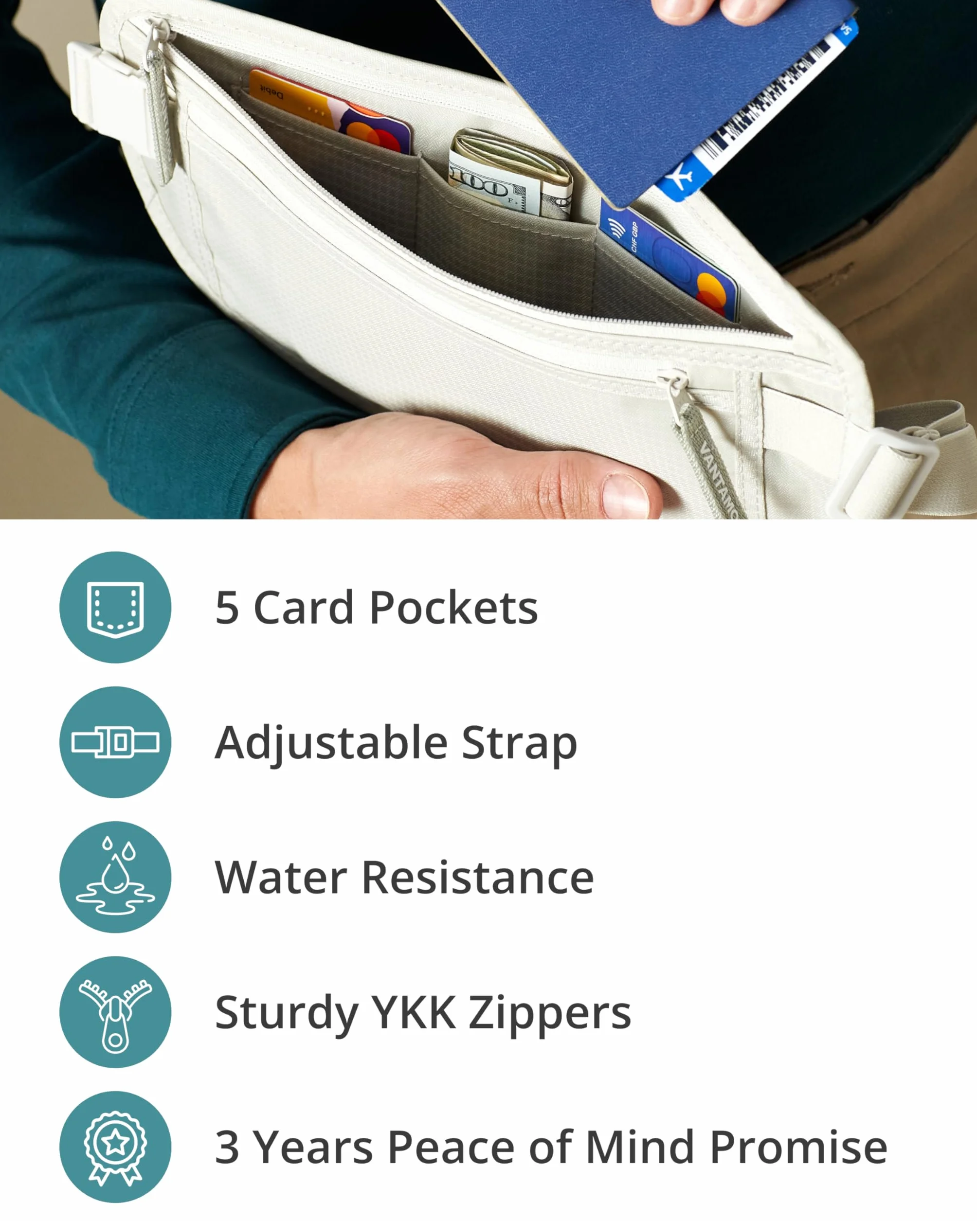 Vantamo Pas na pieniądze z RFID, dla mężczyzn i kobiet, ukryty uchwyt na paszport na podróż, 2 przegródki podróżne saszetka dla kobiet, antykradzieżowa, Chmura szara, Large (fits passport, phone, and