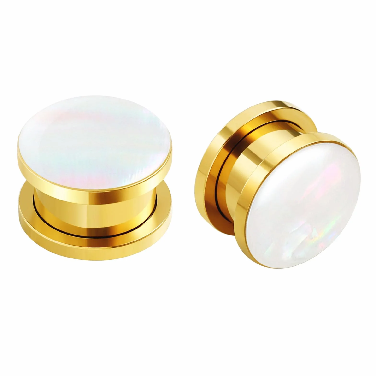 Wycian Tunele z perłą, złote, 12 mm, do wkręcania, ze stali nierdzewnej, z masy perłowej, pozłacane, stal chirurgiczna 316L, zestaw 2 szt. do wkręcania, spirala dla kobiet