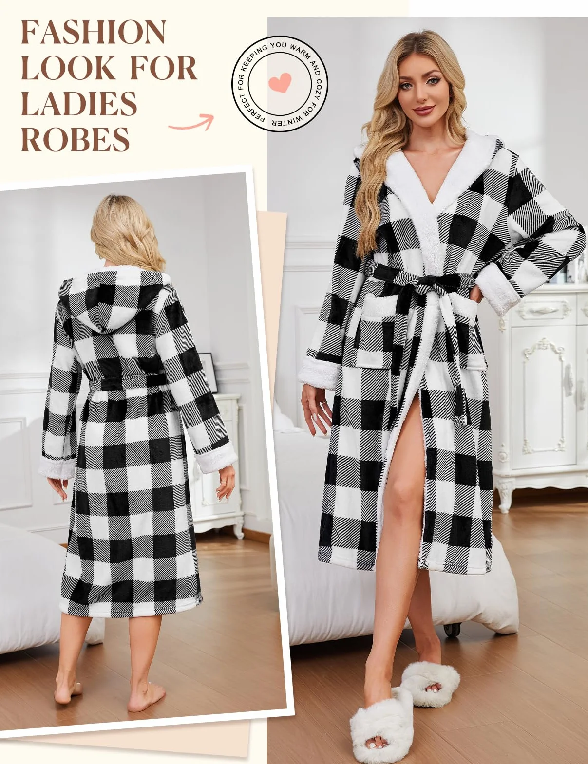 Yuson Girl Damski flanelowy szlafrok długi pluszowy szlafrok polarowy z kapturem ciepły zimowy szlafrok dla kobiet miękki puszysty odzież domowa tartan kratka wzór spa bielizna nocna