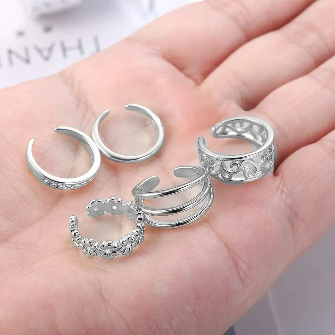 5 szt. 926 Sterling Silver Toe Rings dla kobiet, zestaw biżuterii z otwartymi regulowanymi pierścieniami