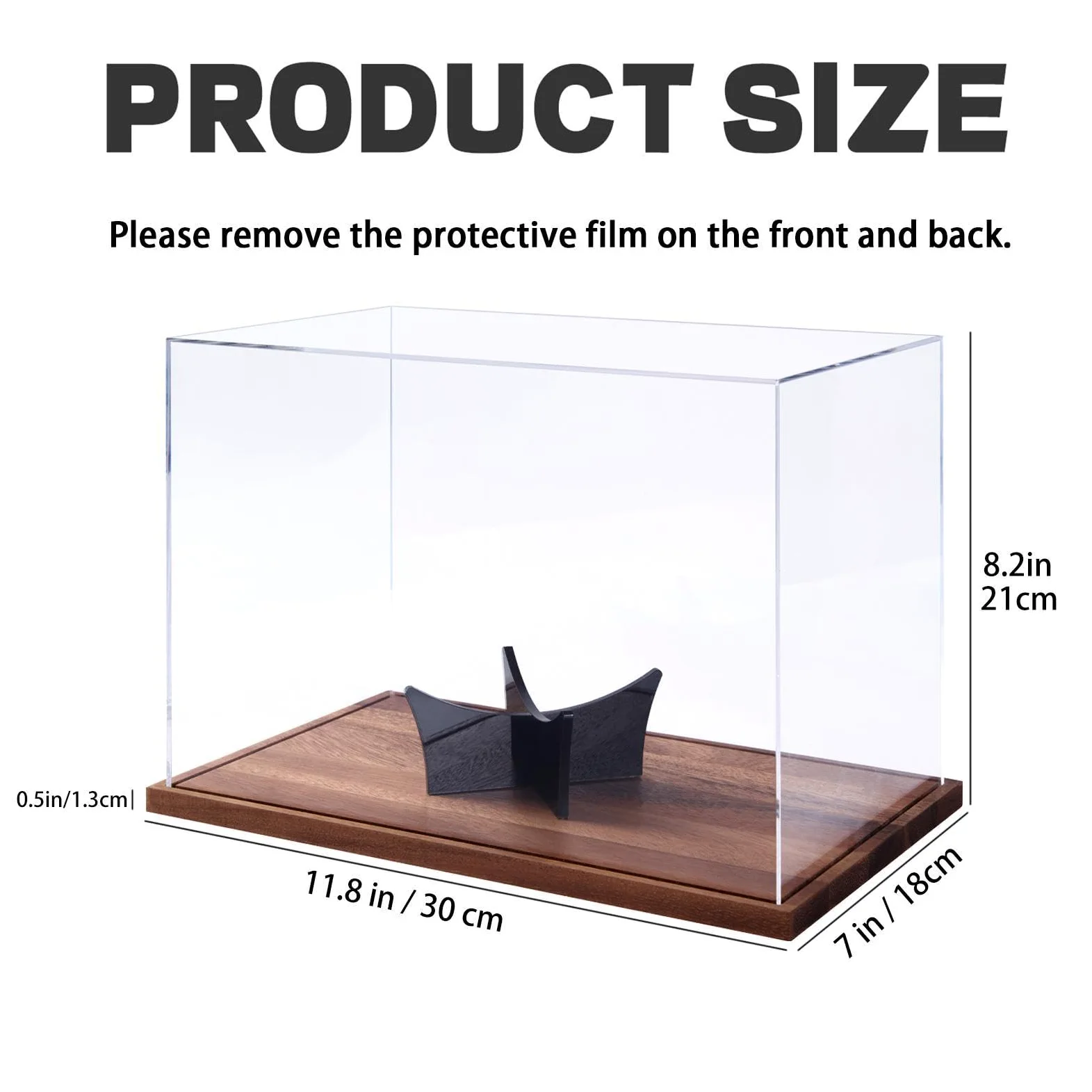 Przezroczysta gablota ekspozycyjna 30 x 21 x 18 cm Podstawa drewniana | Przezroczysty pojemnik na kolekcje na piłki lalki pamiątki figurki akcji statuetki, biurko salon dom przechowy