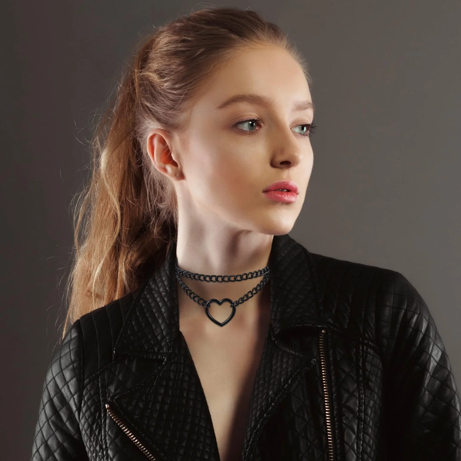 Grevosea Kołnierz typu choker, dla kobiet, regulowany kształt serca, gotycki naszyjnik, czarna skóra, choker, kołnierz lat 80., rave, punk, akcesoria na Halloween, gotyckie stroje, biżuteria, prezent