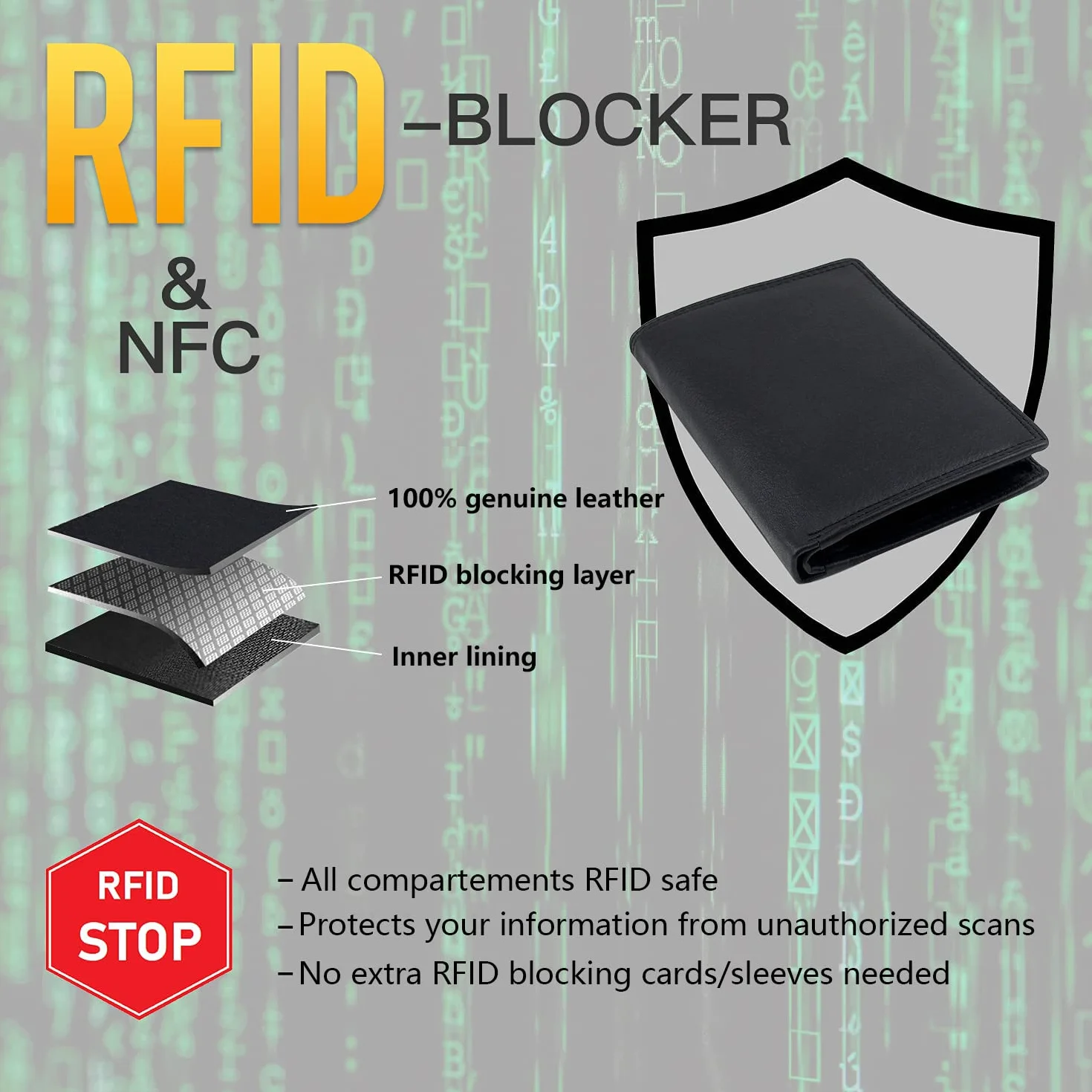 Frentree Męski portfel ze skóry Nappa z ochroną RFID, 15 przegródek na karty, portmonetka pionowa, czarny, czarny, Onesize, format pionowy