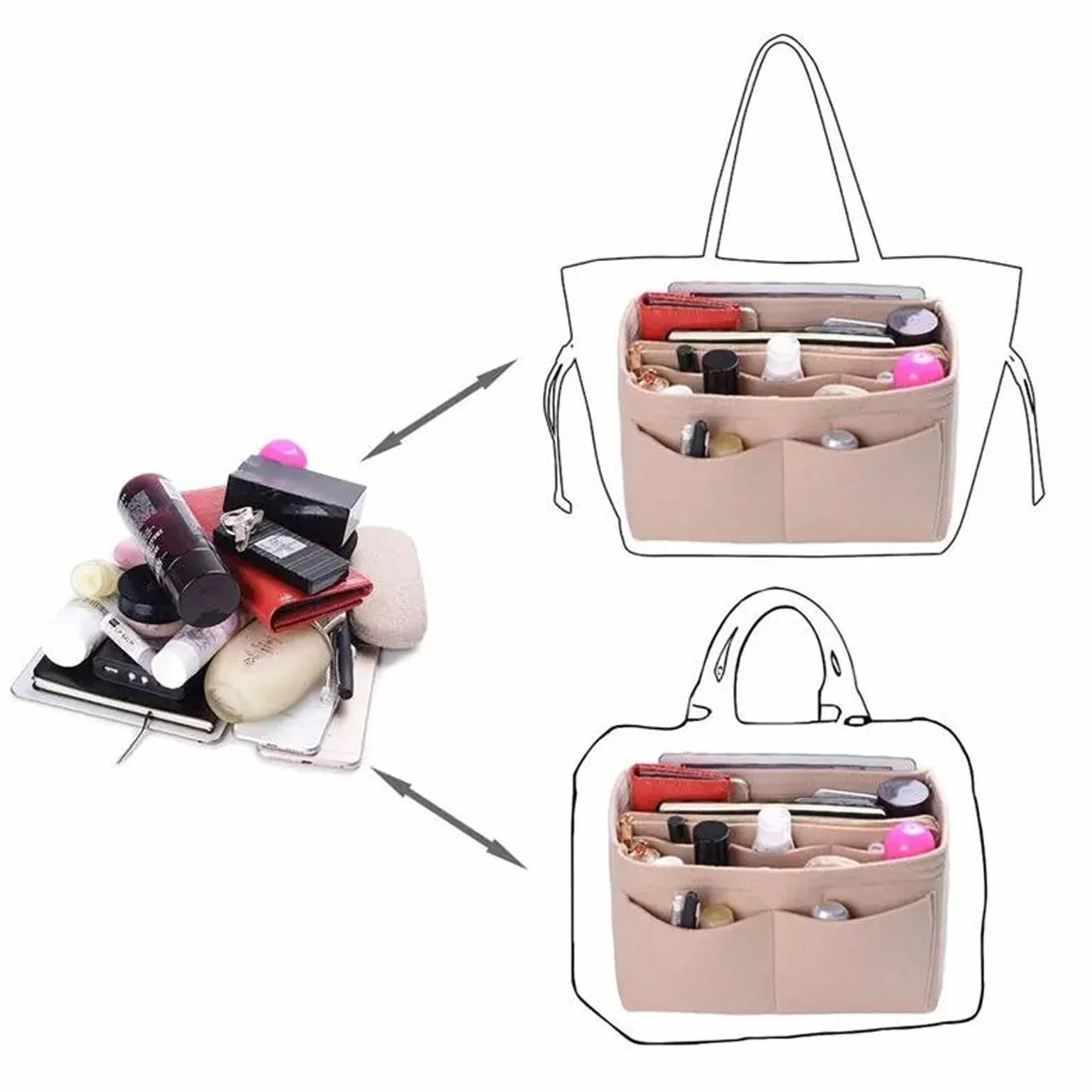 Beżowy filcowy organizer do torebki, wielofunkcyjna kosmetyczka, organizer do torebki, 2 w 1 wkład z oddzielnymi kieszonkami do torebek dla kobiet, średni (27 * 16 * 16 cm)