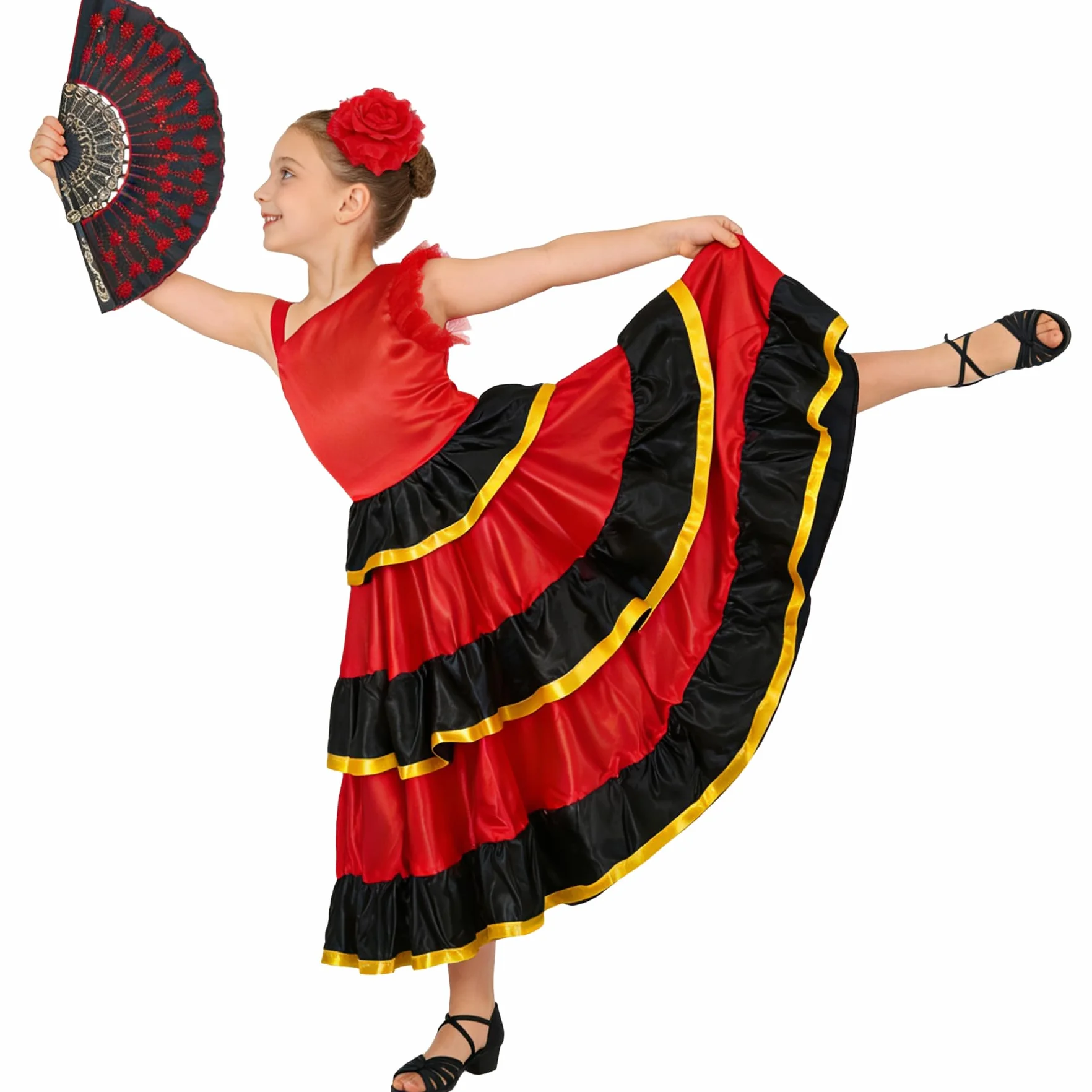 Lolanta Hiszpańska sukienka flamenco z warstwowymi falbankami dla dziewczynek, kostium do tańca w stylu sevillana, z czerwonym kwiatem i składanym wachlarzem, 5-13 lat
